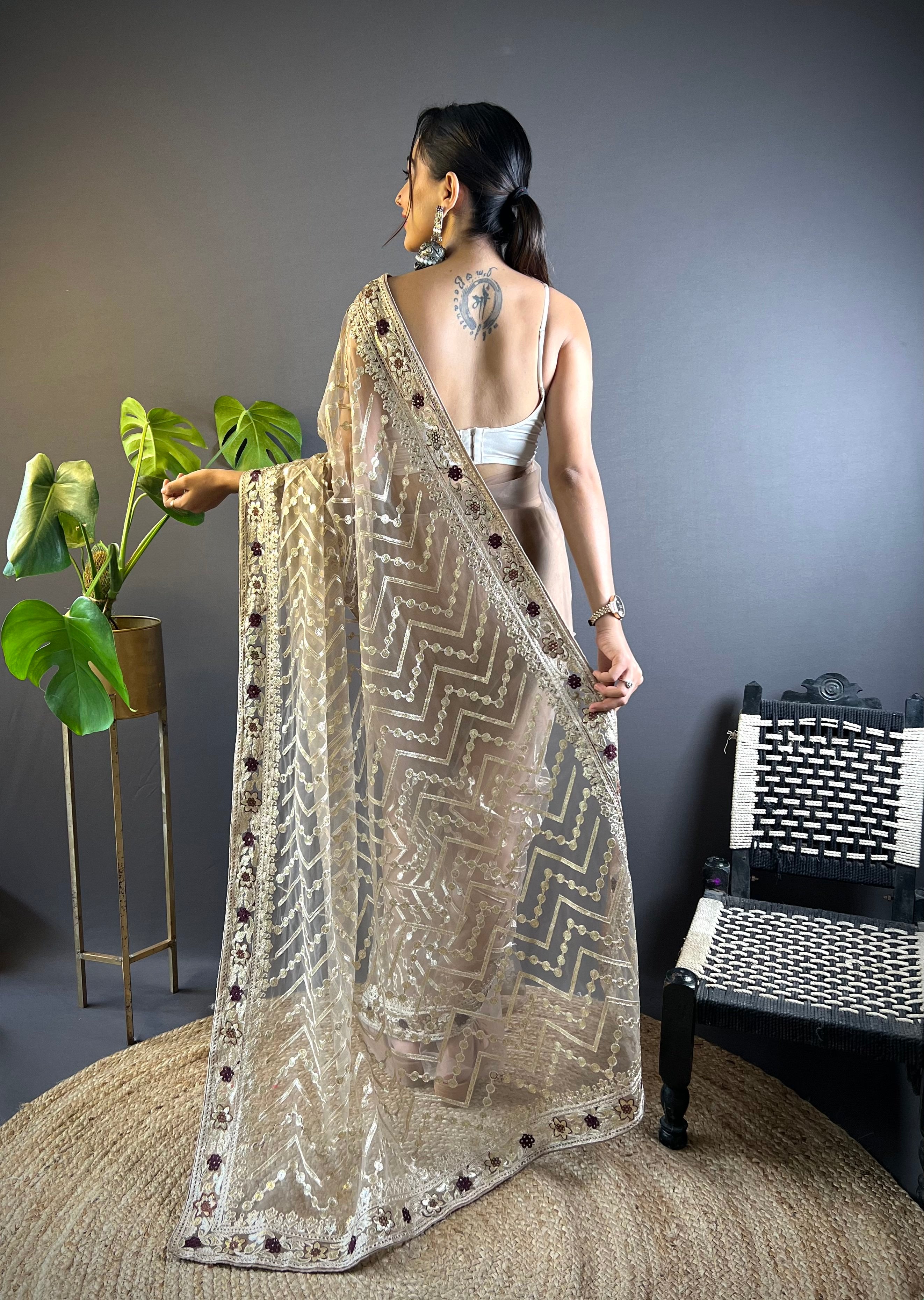 Beige Butterfly Net Fabric Embroidery Work Ceremonial Saree