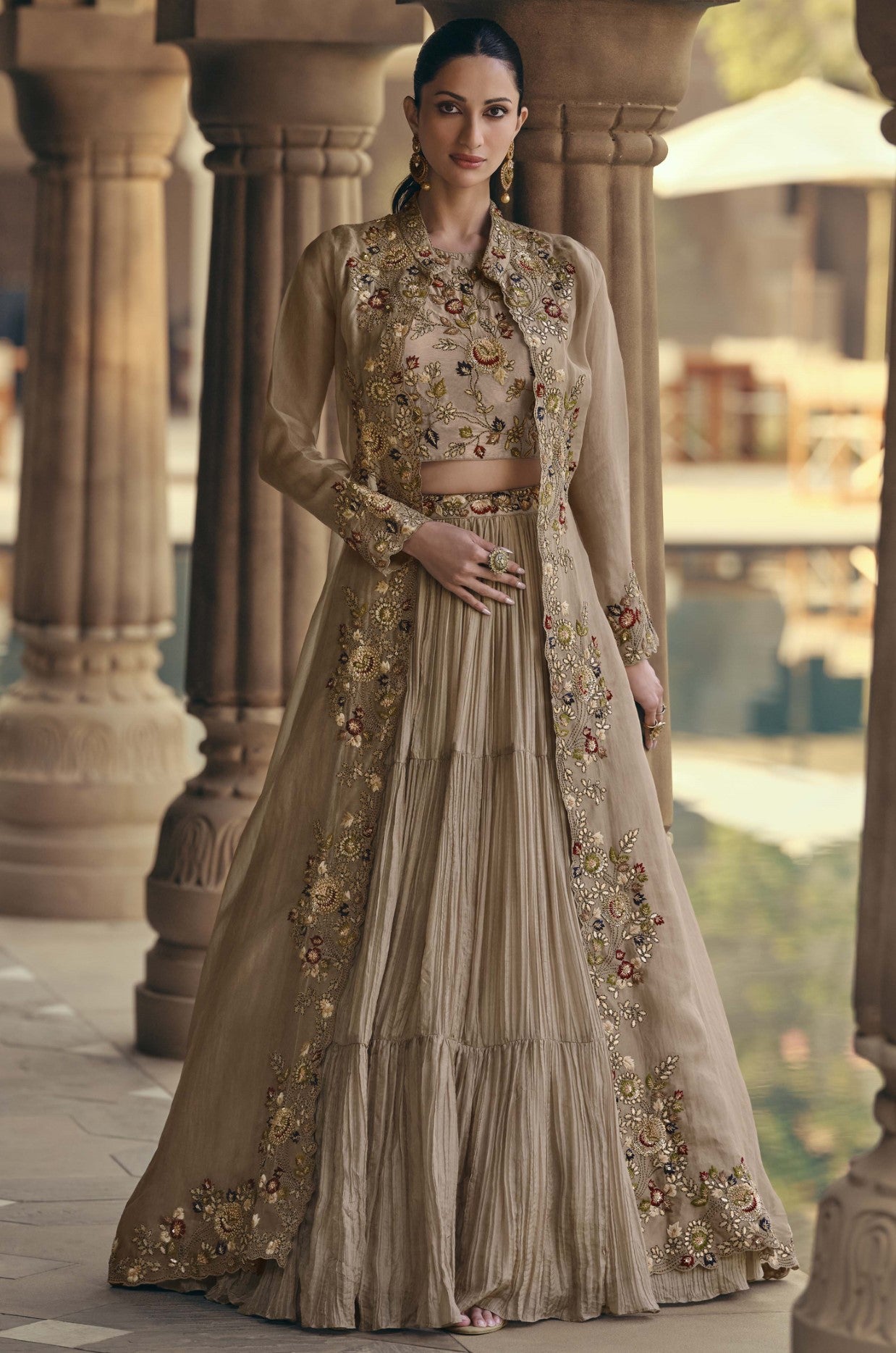 Beige Chinon Silk Lehenga Choli With Sequin Embroidered Jacket