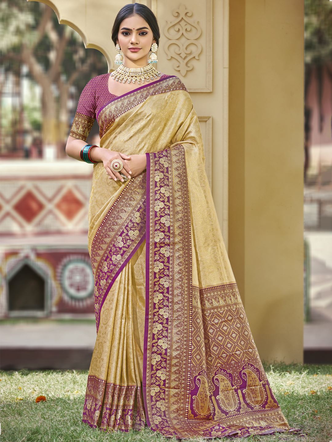 Beige Color Banarasi Silk Festive Wear Weaving Saree