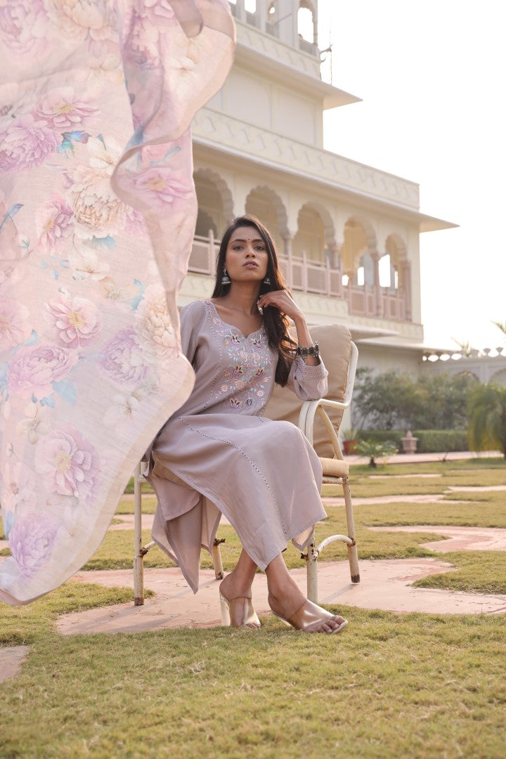 Beige Cotton Silk Designer Suit Set With Intricate Hand Embroidery