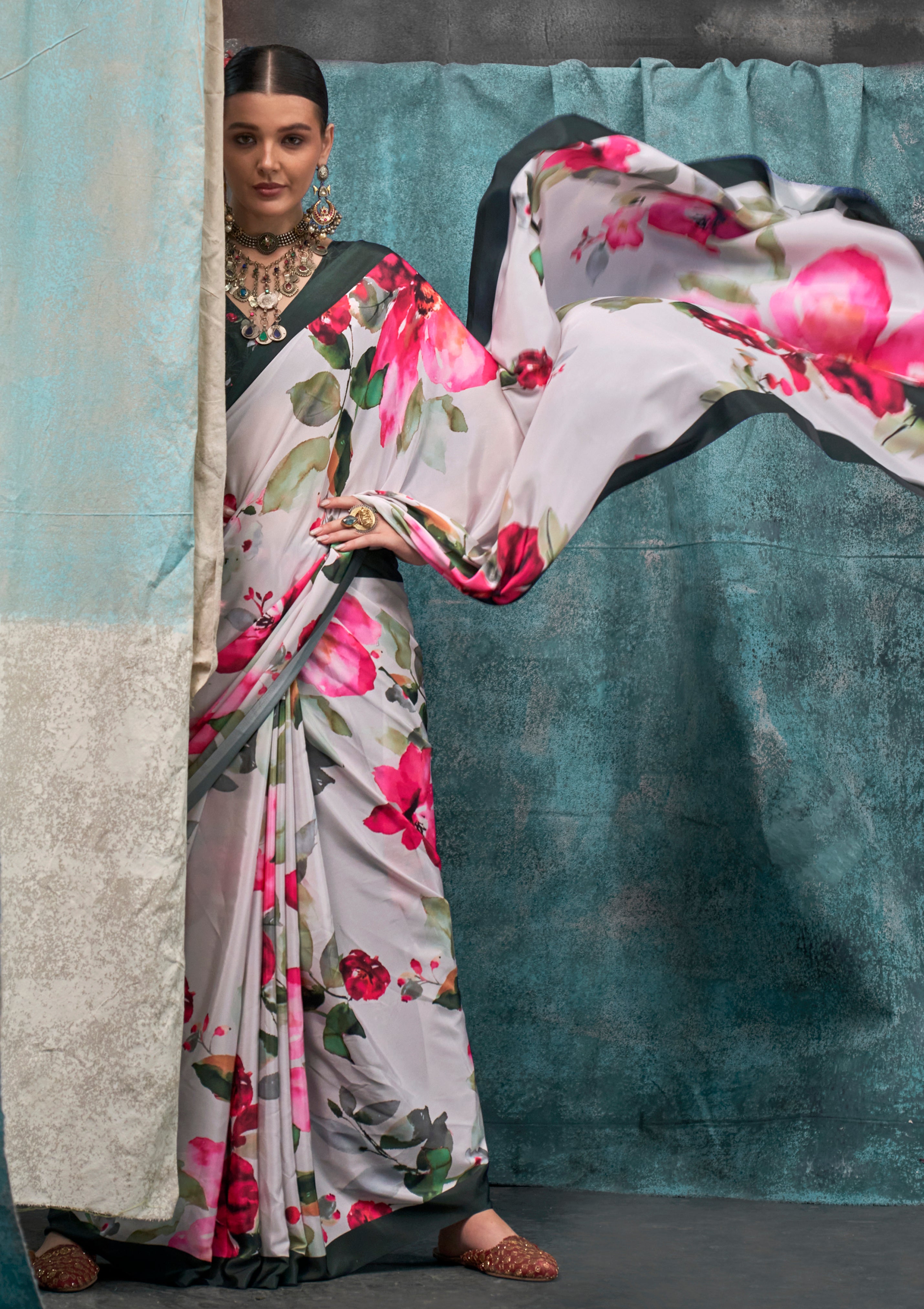 Beige Crape Saree With  Digital Print