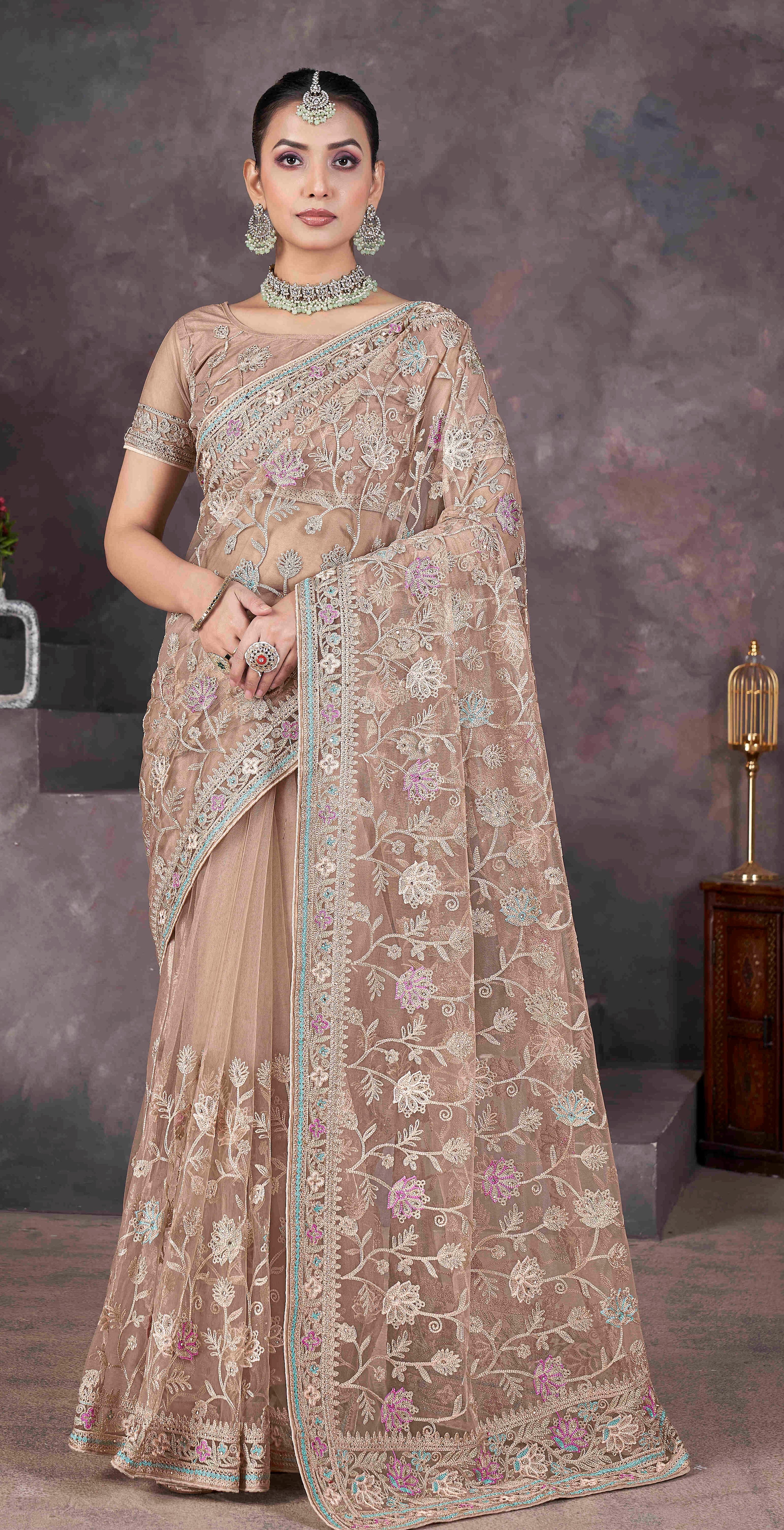 Beige Designer Thread Embroidery Work Butterfly Net Ceremonial Saree