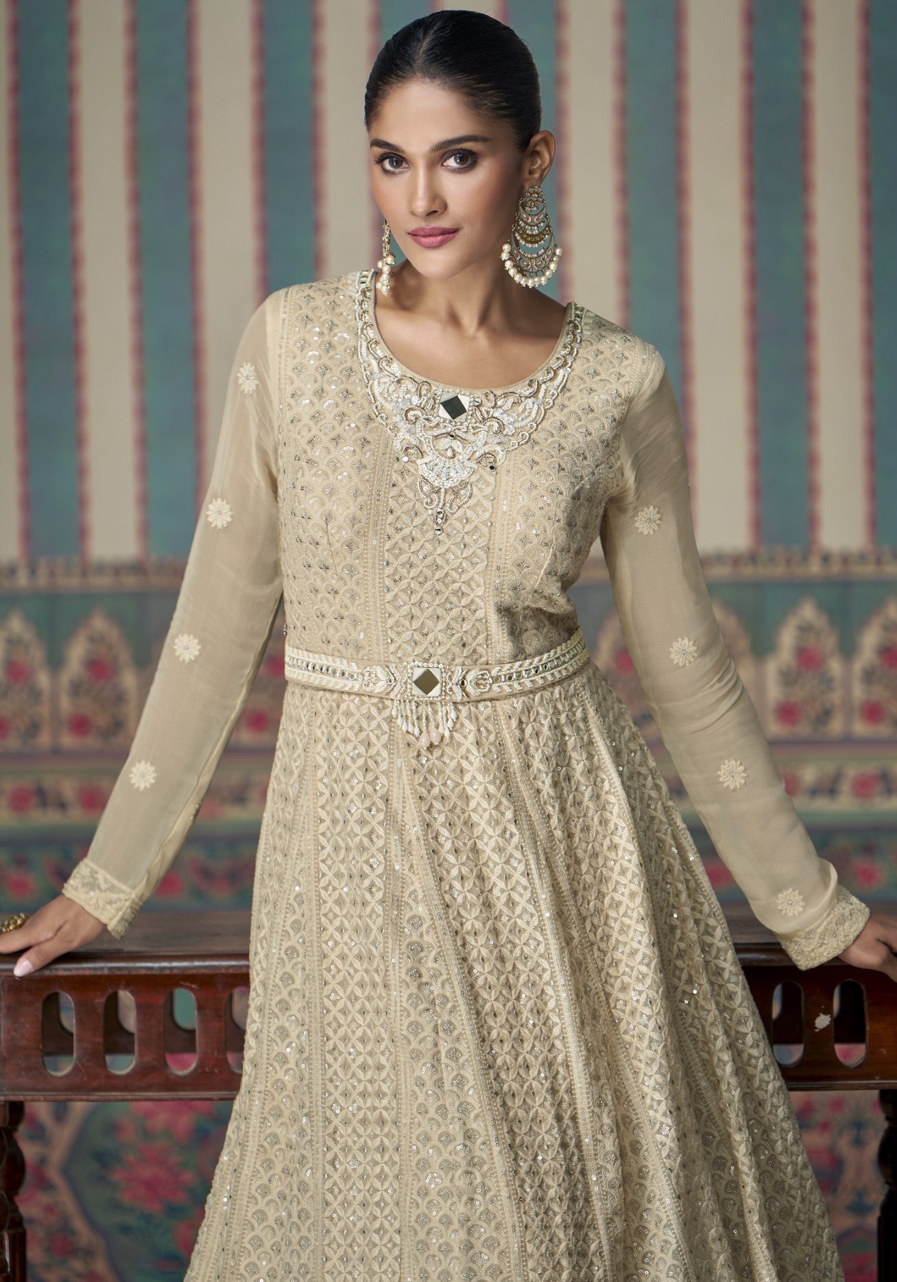 Beige Georgette Anarkali Gown With Sequin Embroidery