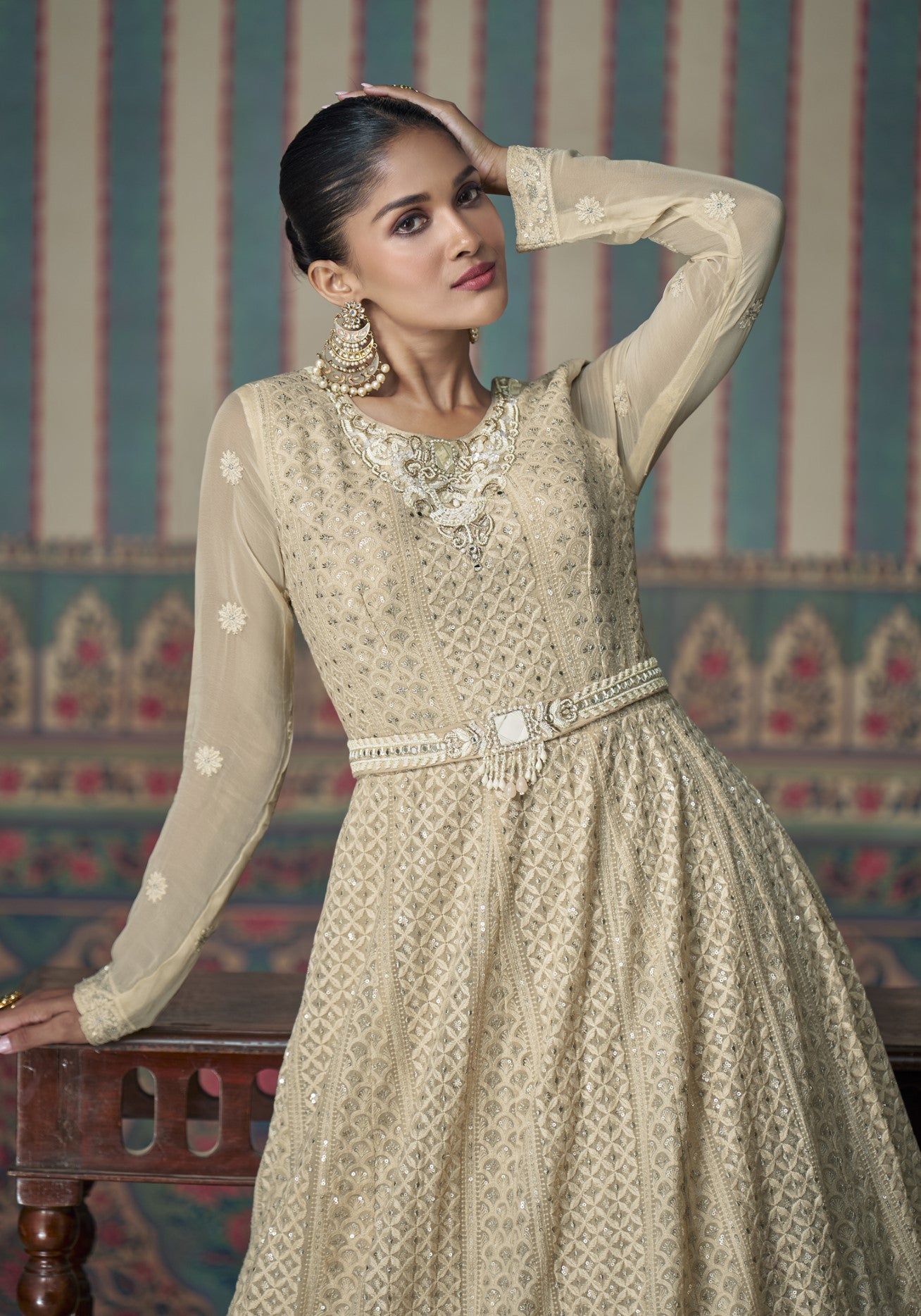 Beige Georgette Anarkali Gown With Sequin Embroidery