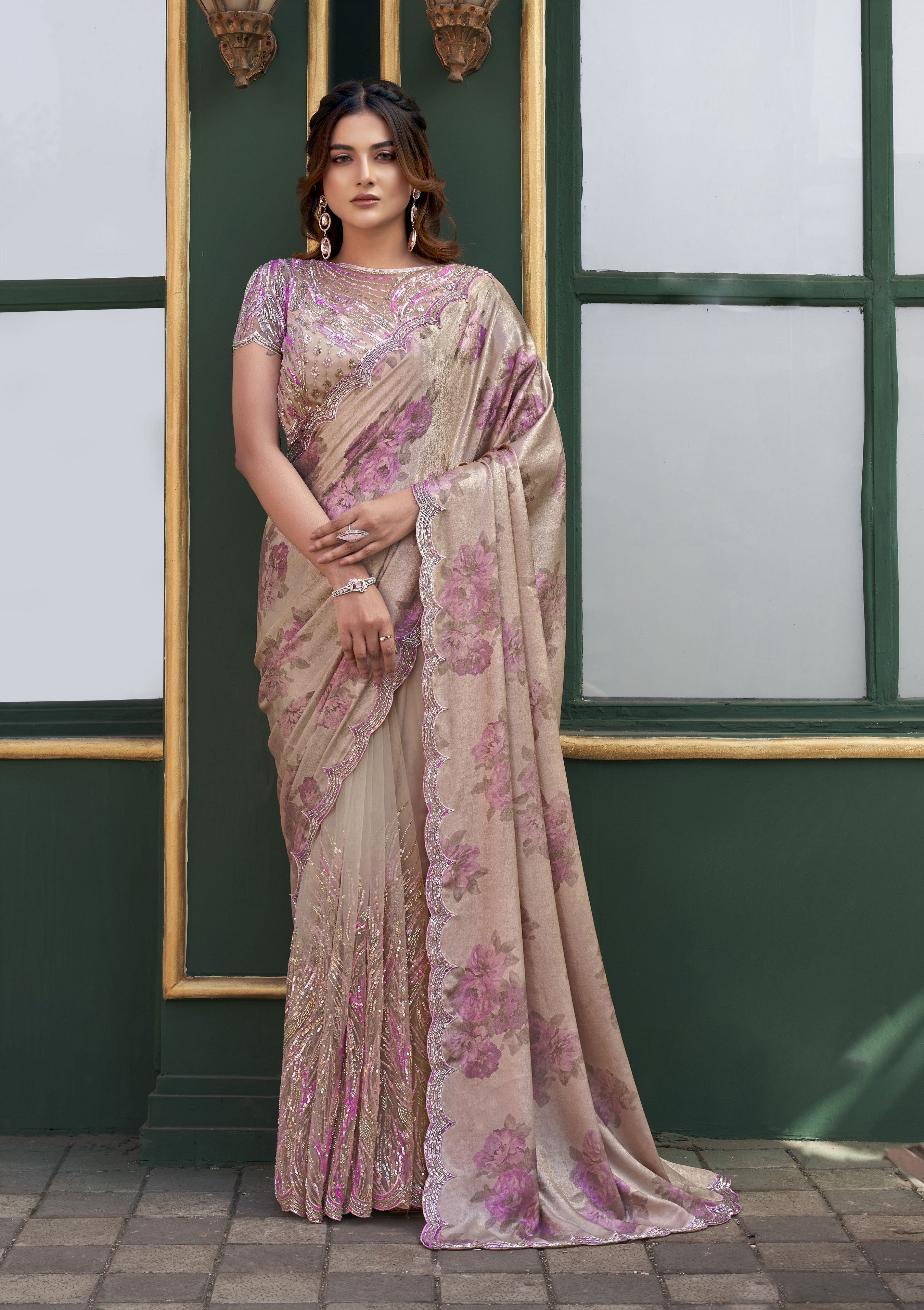 Beige Gucci Velvet Designer Sequence Embroidery With Hand Beads Stone Work Wedding Season Saree