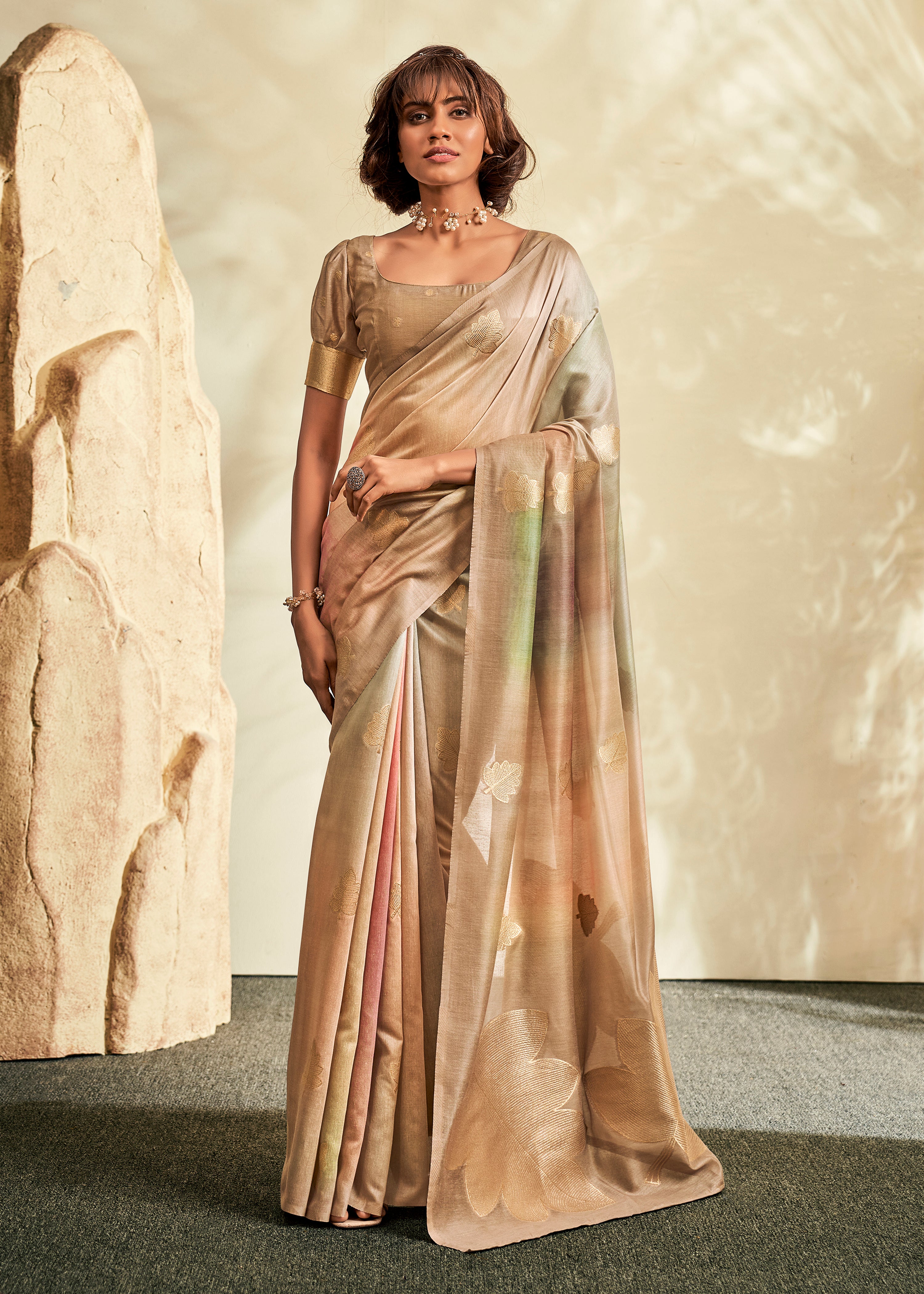 Beige Handloom Khadi Saree With  Jacquard Woven With Digital Print
