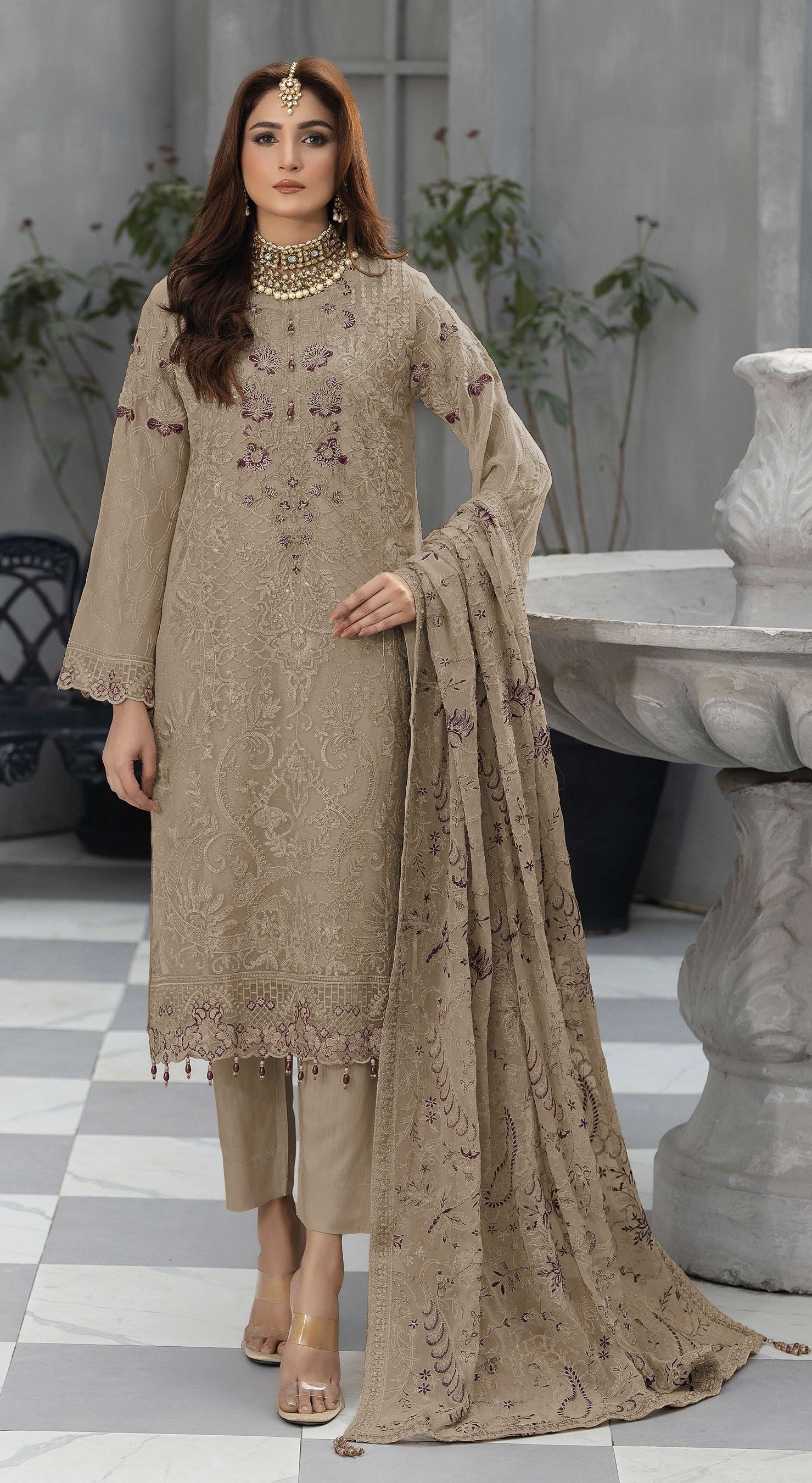 Beige Heavy Designer Suit With Heavy Embroidery Work