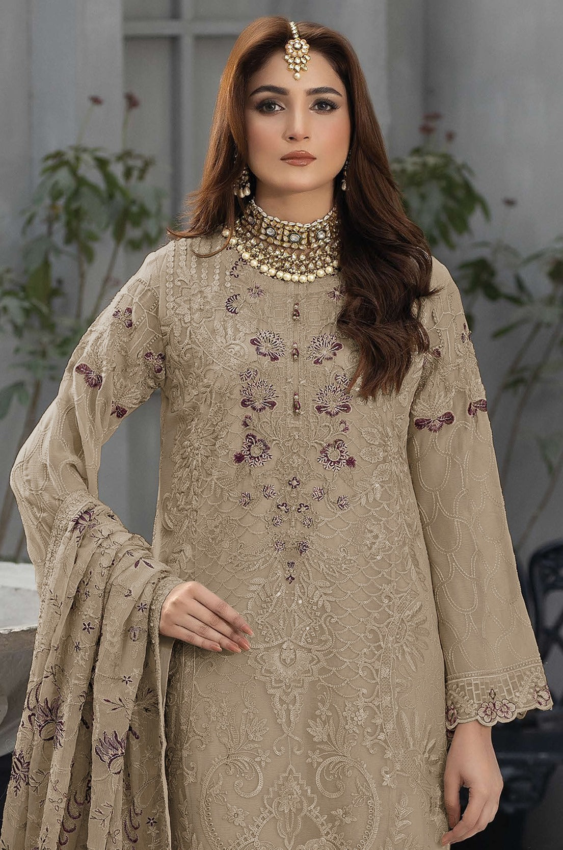 Beige Heavy Designer Suit With Heavy Embroidery Work