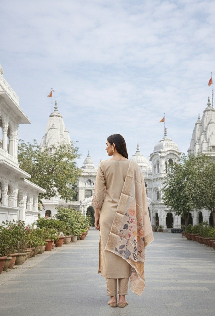 Beige Jacquard Silk Designer Suit Set With Sequin Embellishments