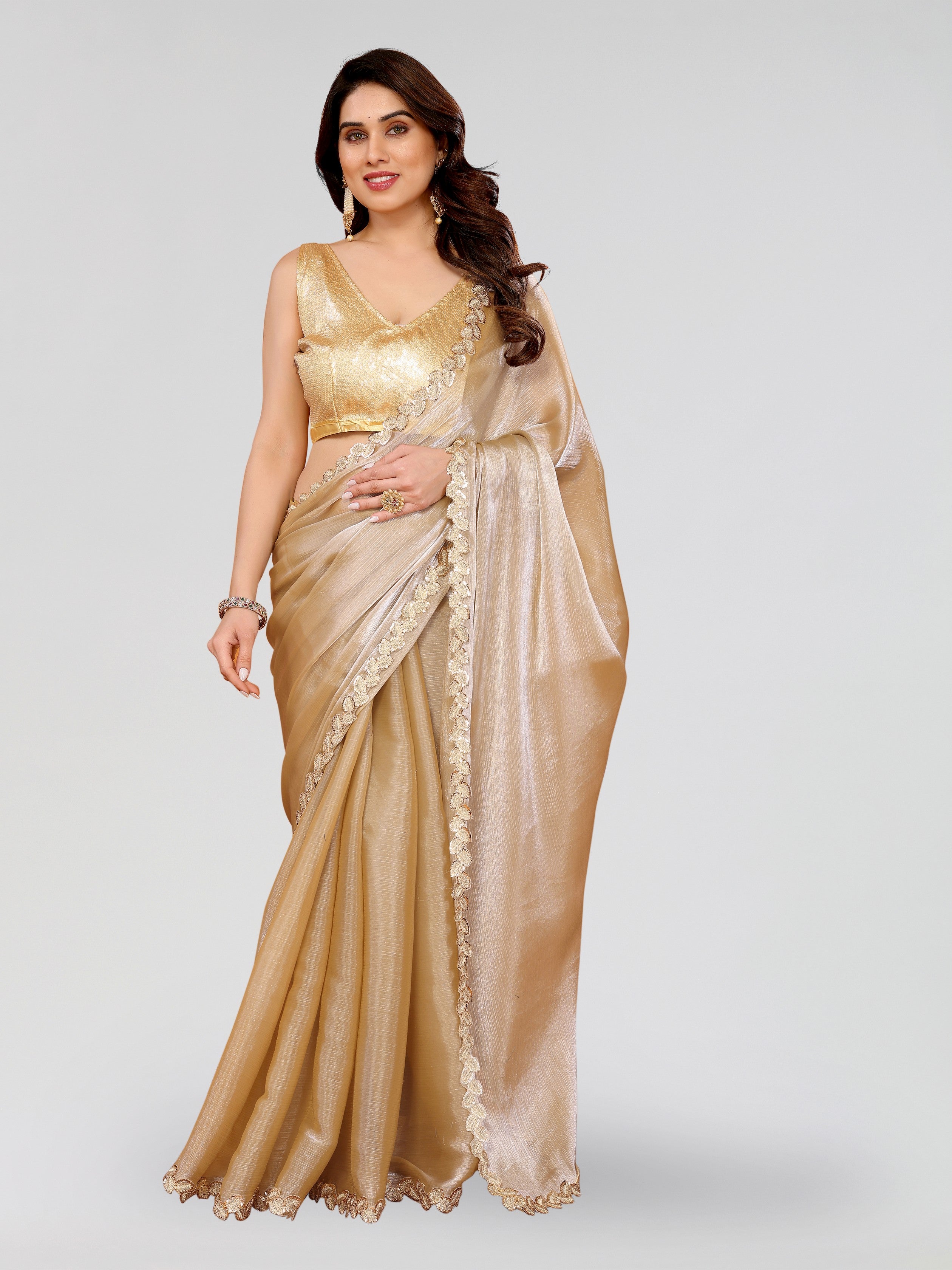 Beige Jimmy Choo Sequance Embroidery Cut Work Heavy Partywear Saree