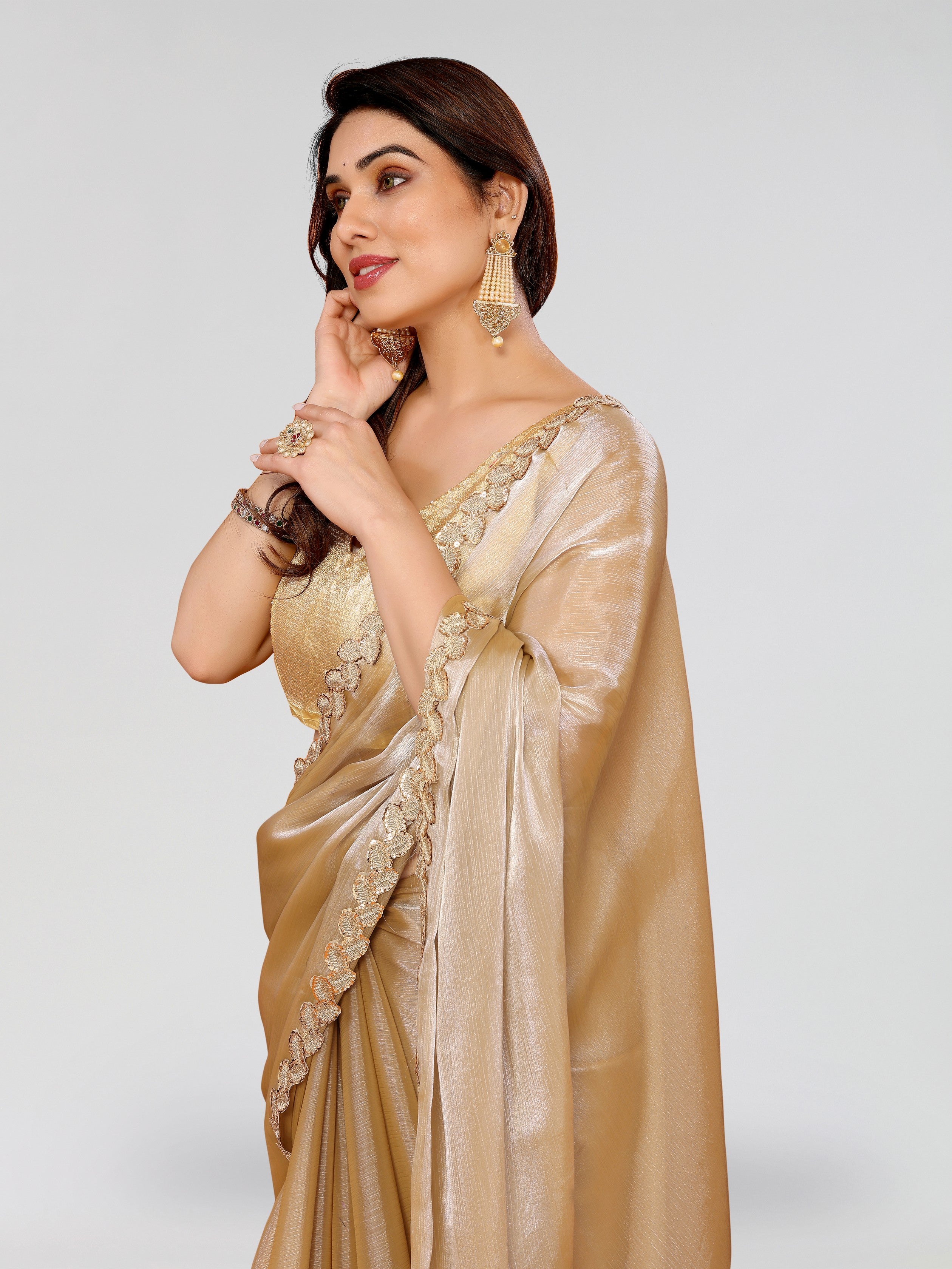 Beige Jimmy Choo Sequance Embroidery Cut Work Heavy Partywear Saree