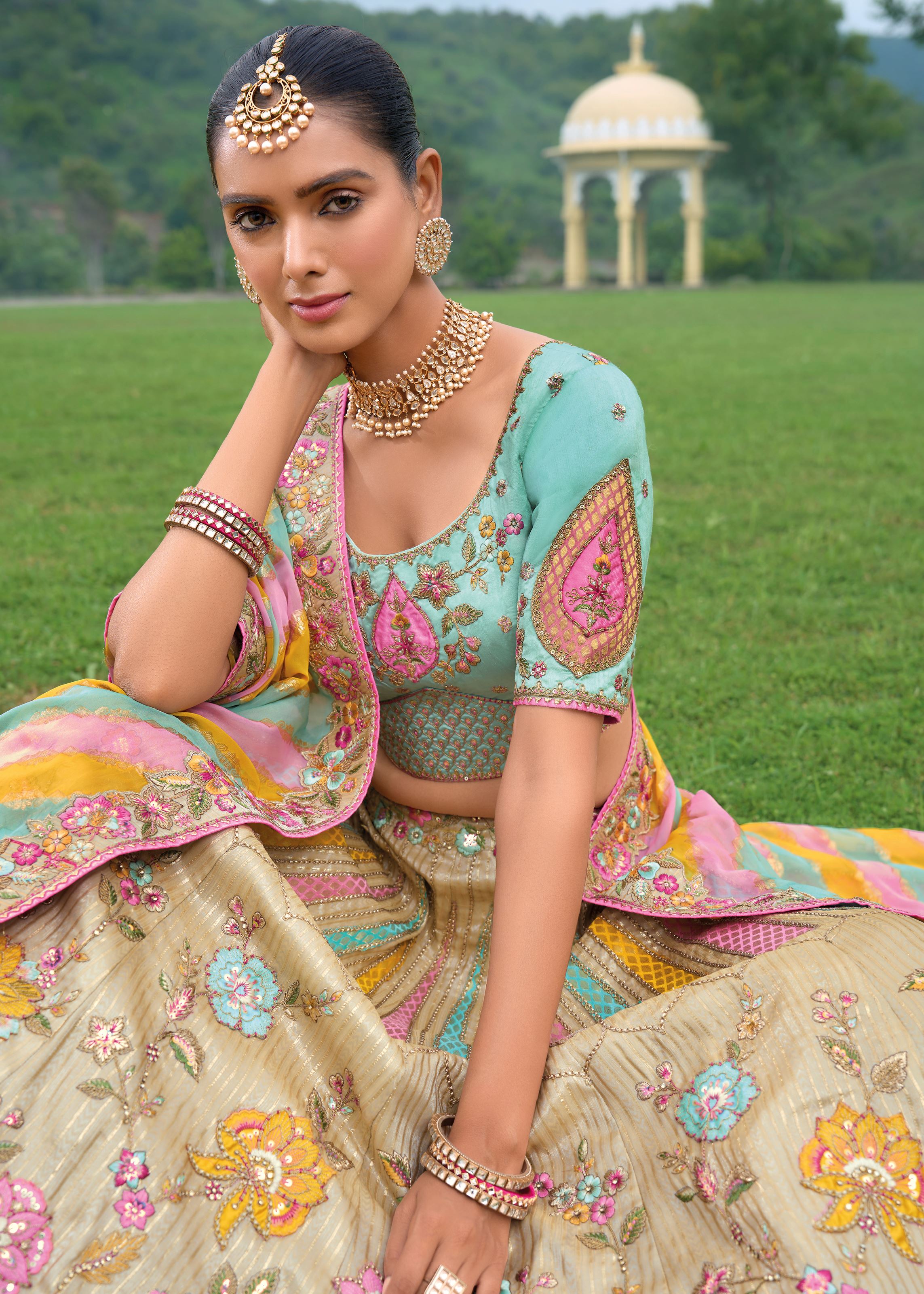 Beige Lehenga Choli With Heavy Thread Embroidery, Khatli With Sequins Work