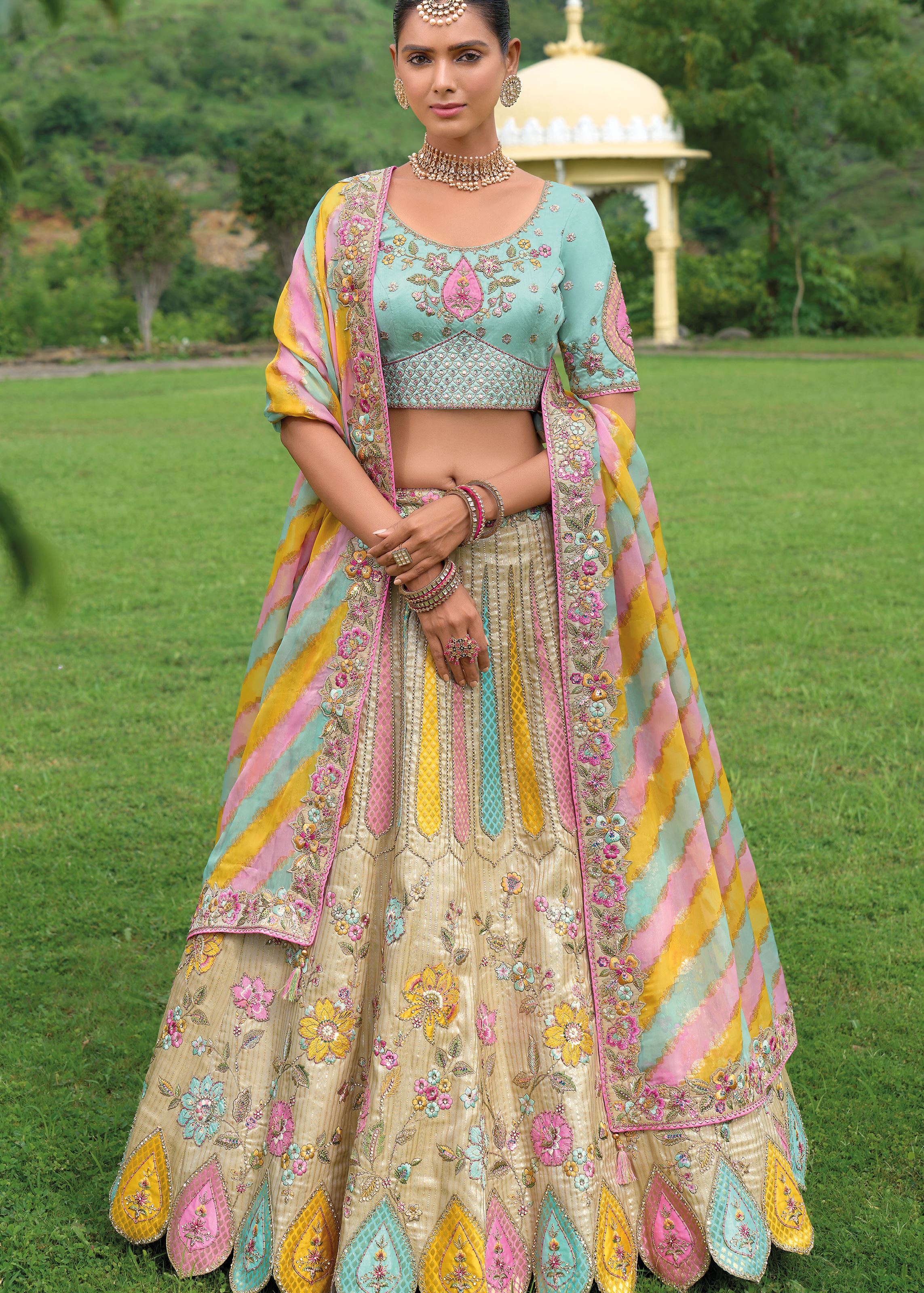 Beige Lehenga Choli With Heavy Thread Embroidery, Khatli With Sequins Work