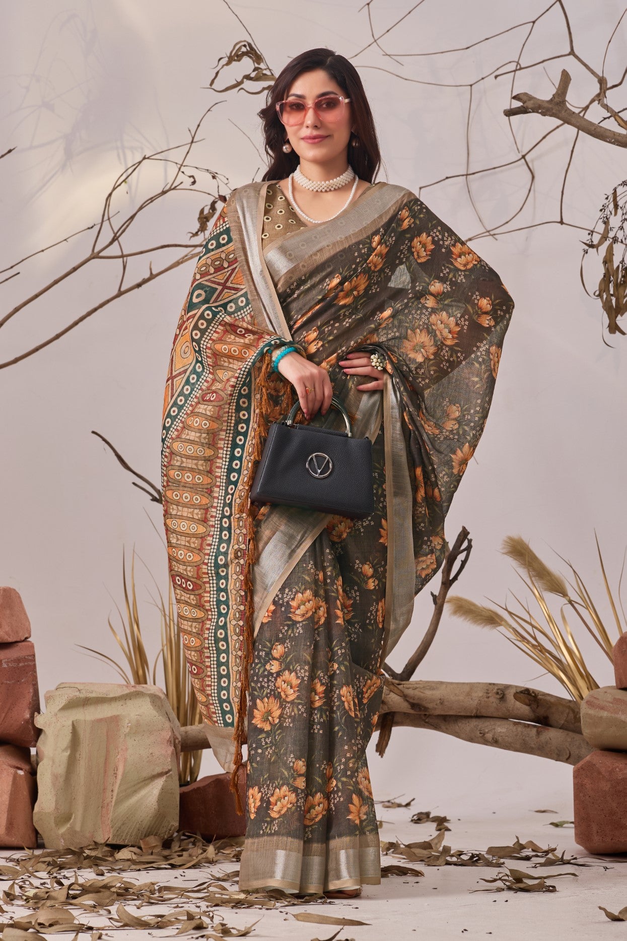Beige Linen Cotton Saree with Digital Print