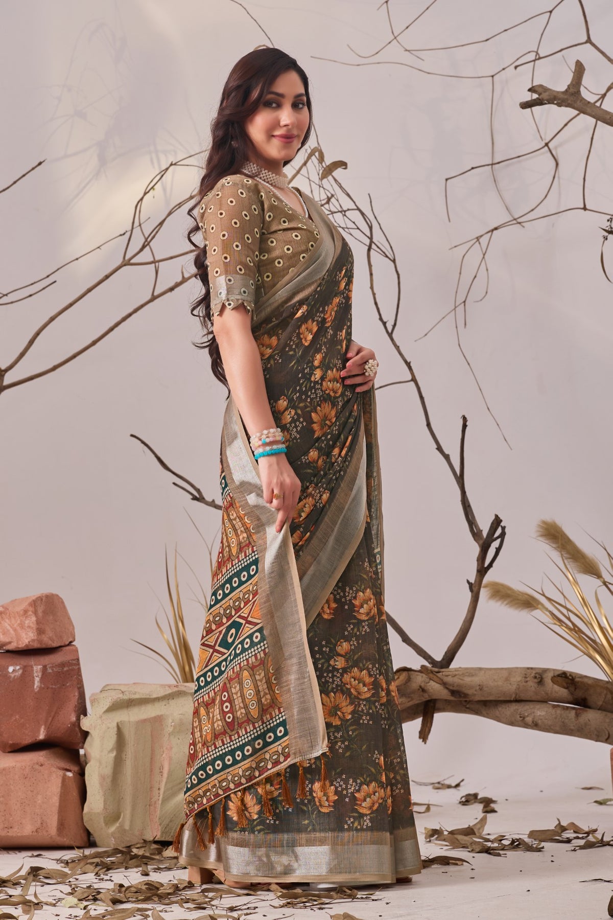 Beige Linen Cotton Saree with Digital Print