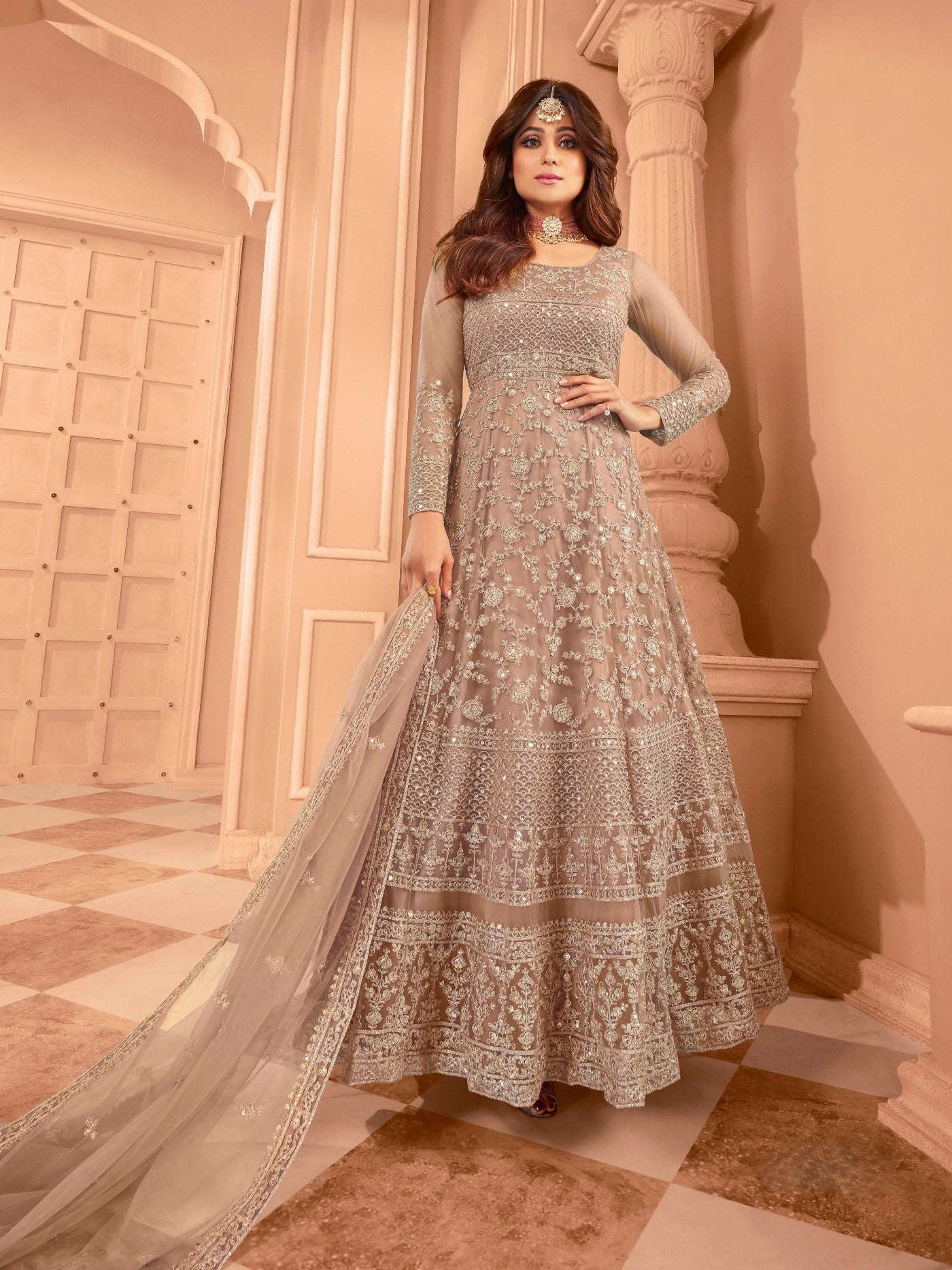 Beige Net Designer Suit Set With Intricate Embroidery