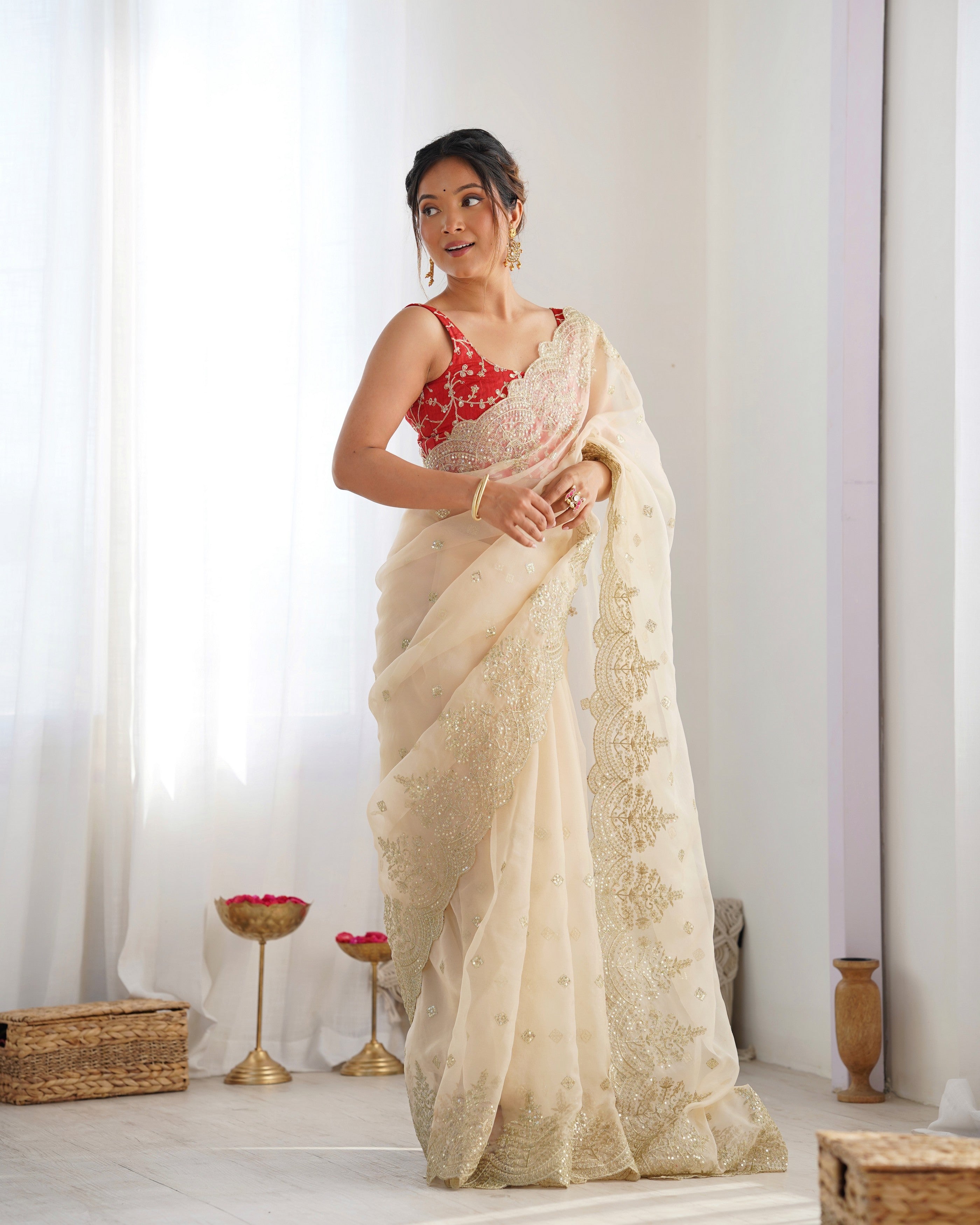 Beige Nylone Organza Beautiful Bollywood Style Show Stopper Saree