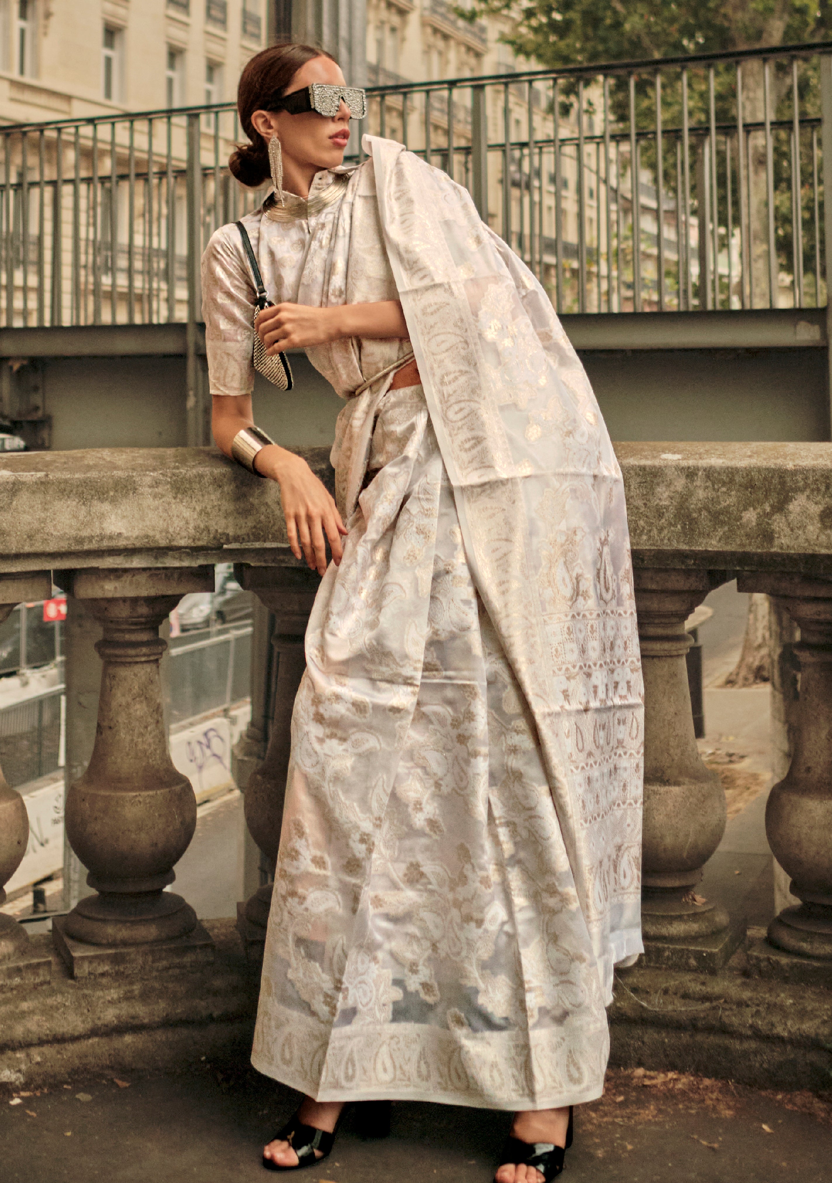 Beige Organza Saree With Jacquard Woven Chikankari Work