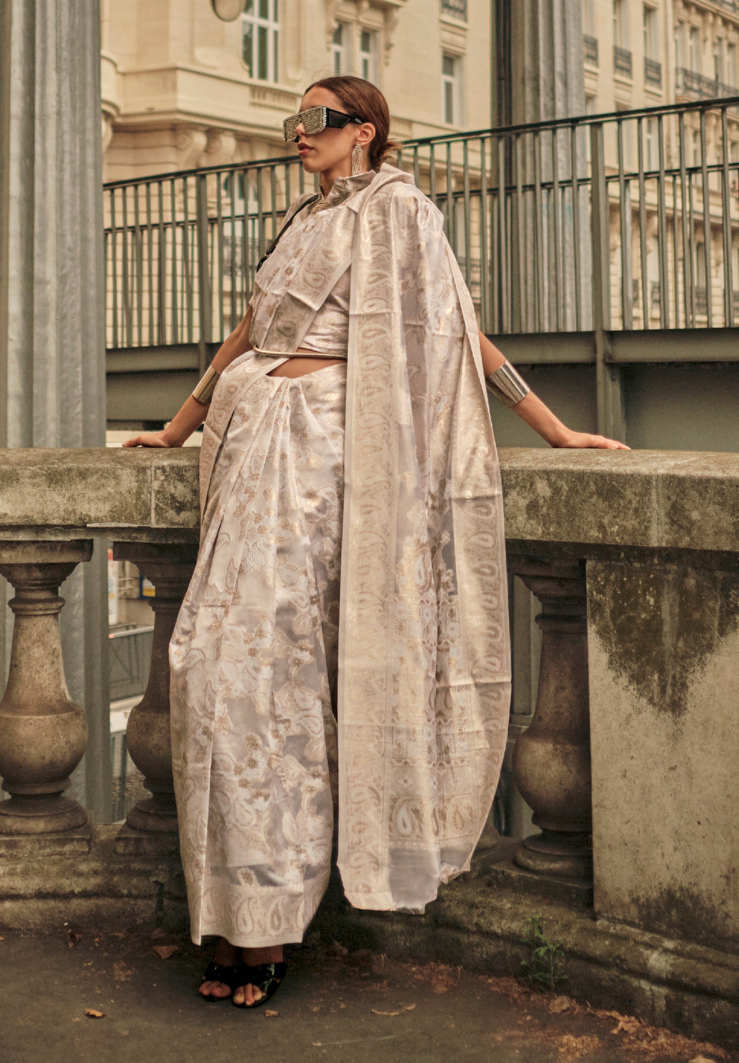 Beige Organza Saree With Jacquard Woven Chikankari Work