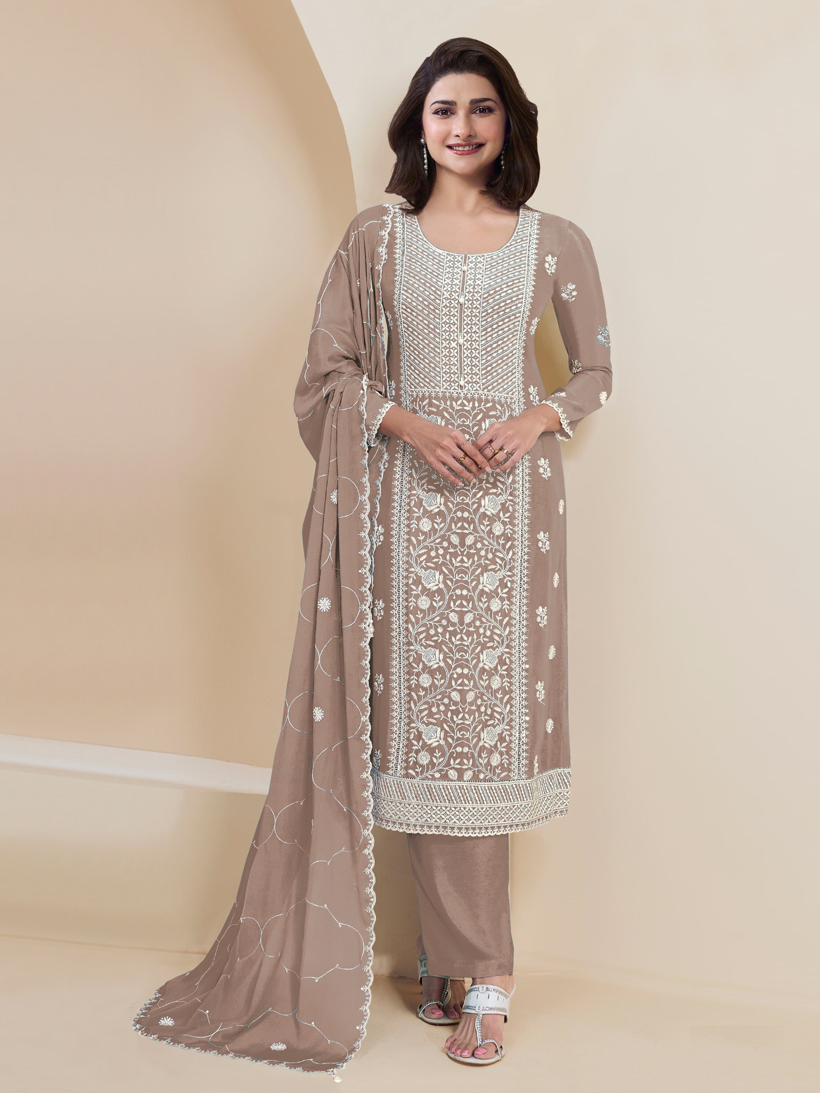 Beige Pakistani Salwar Suit With Heavy Embroidery Work