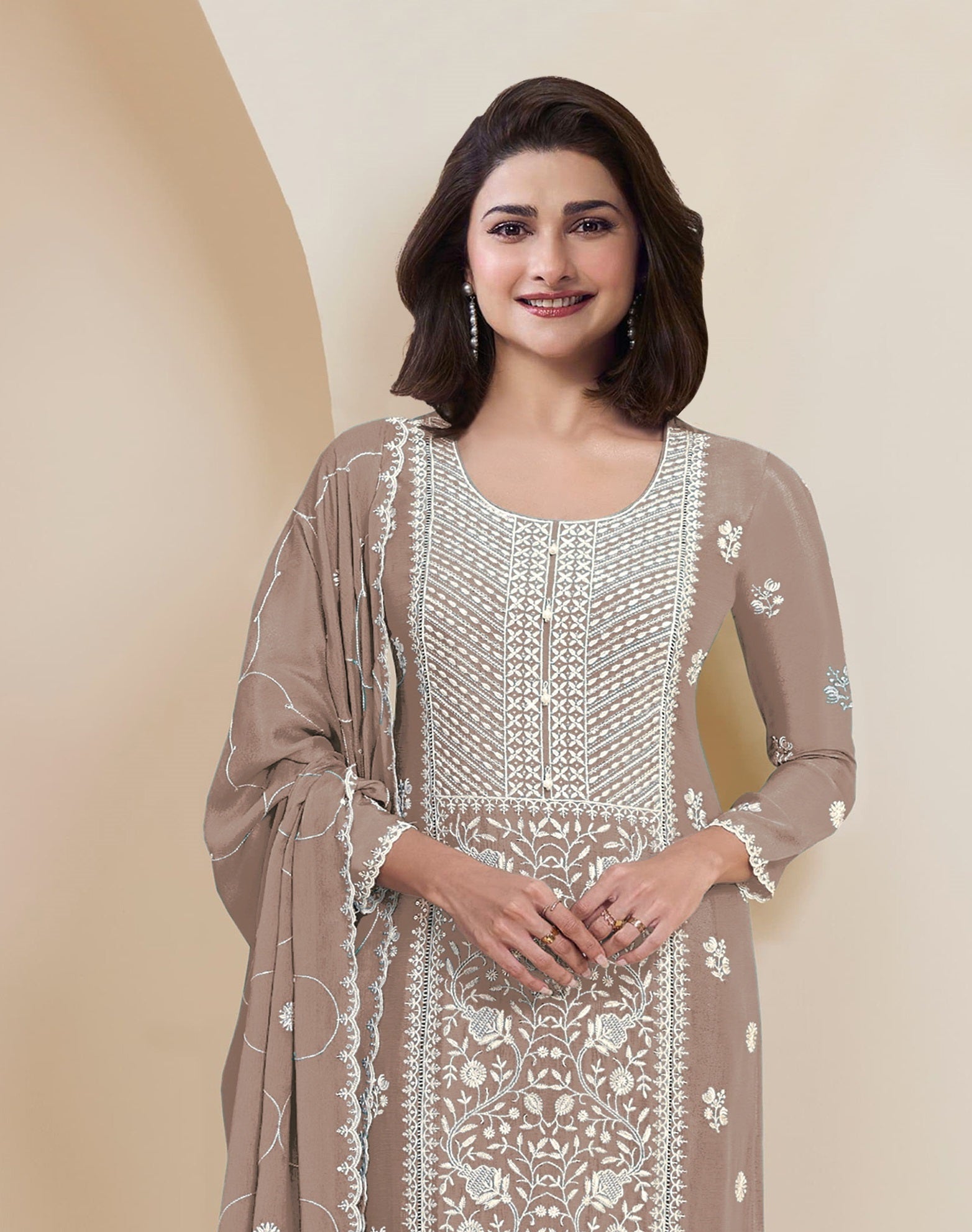 Beige Pakistani Salwar Suit With Heavy Embroidery Work