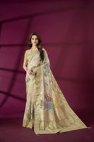 Beige Rich Silk Jacquard Designer Saree With Smart Ethnic Printed