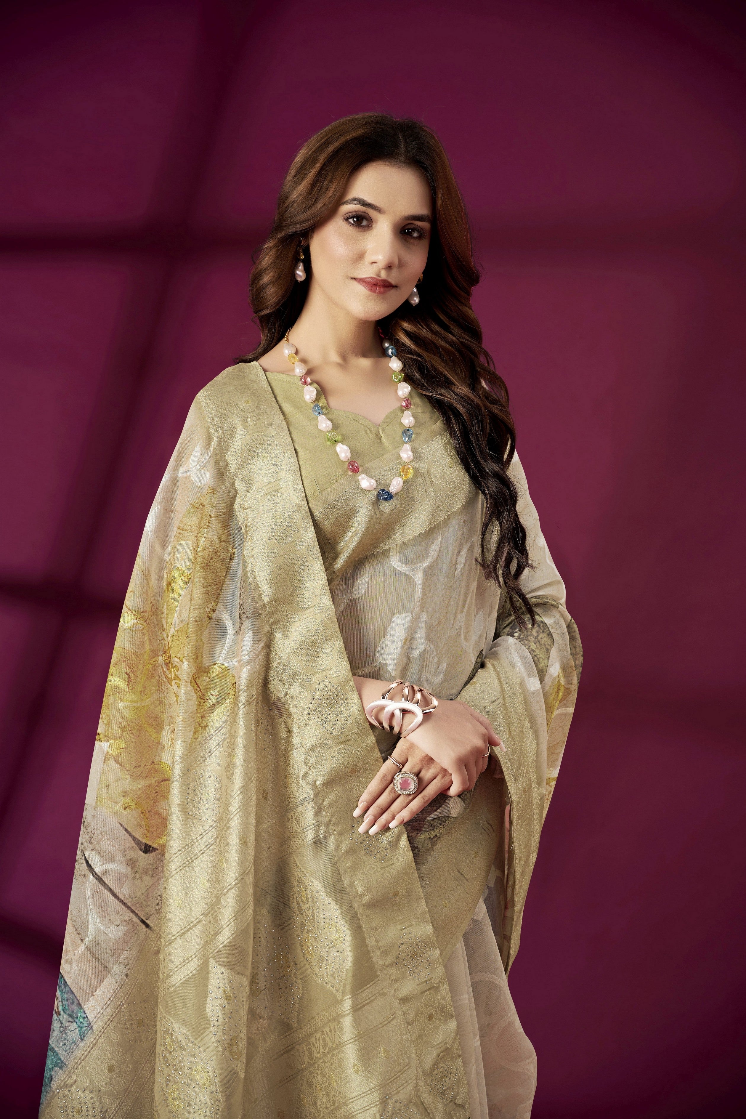 Beige Rich Silk Jacquard Designer Saree With Smart Ethnic Printed