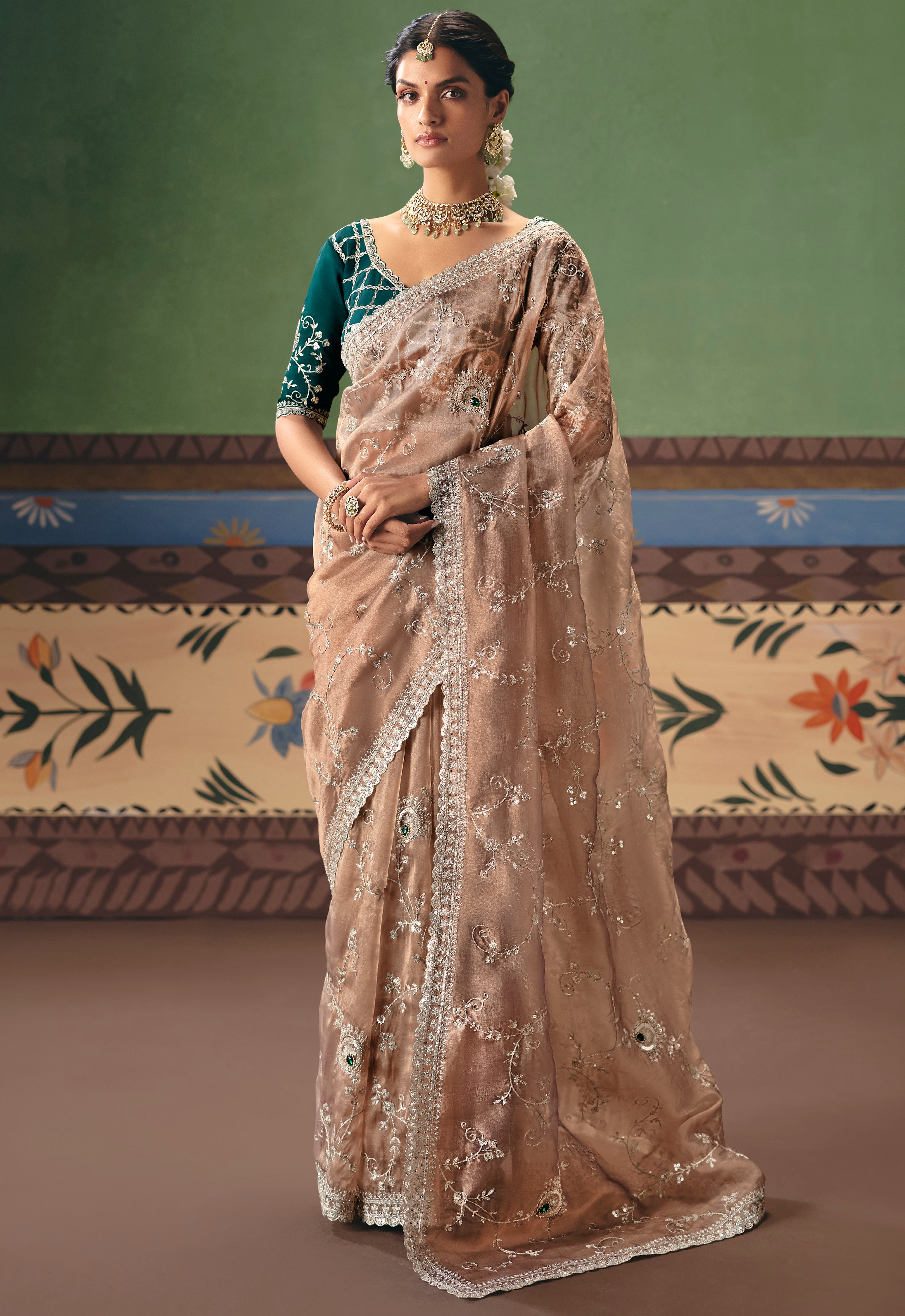 Beige Saree With  Heavy Designer Embroidery, Sequince, Stone, Pearl With Beads Work
