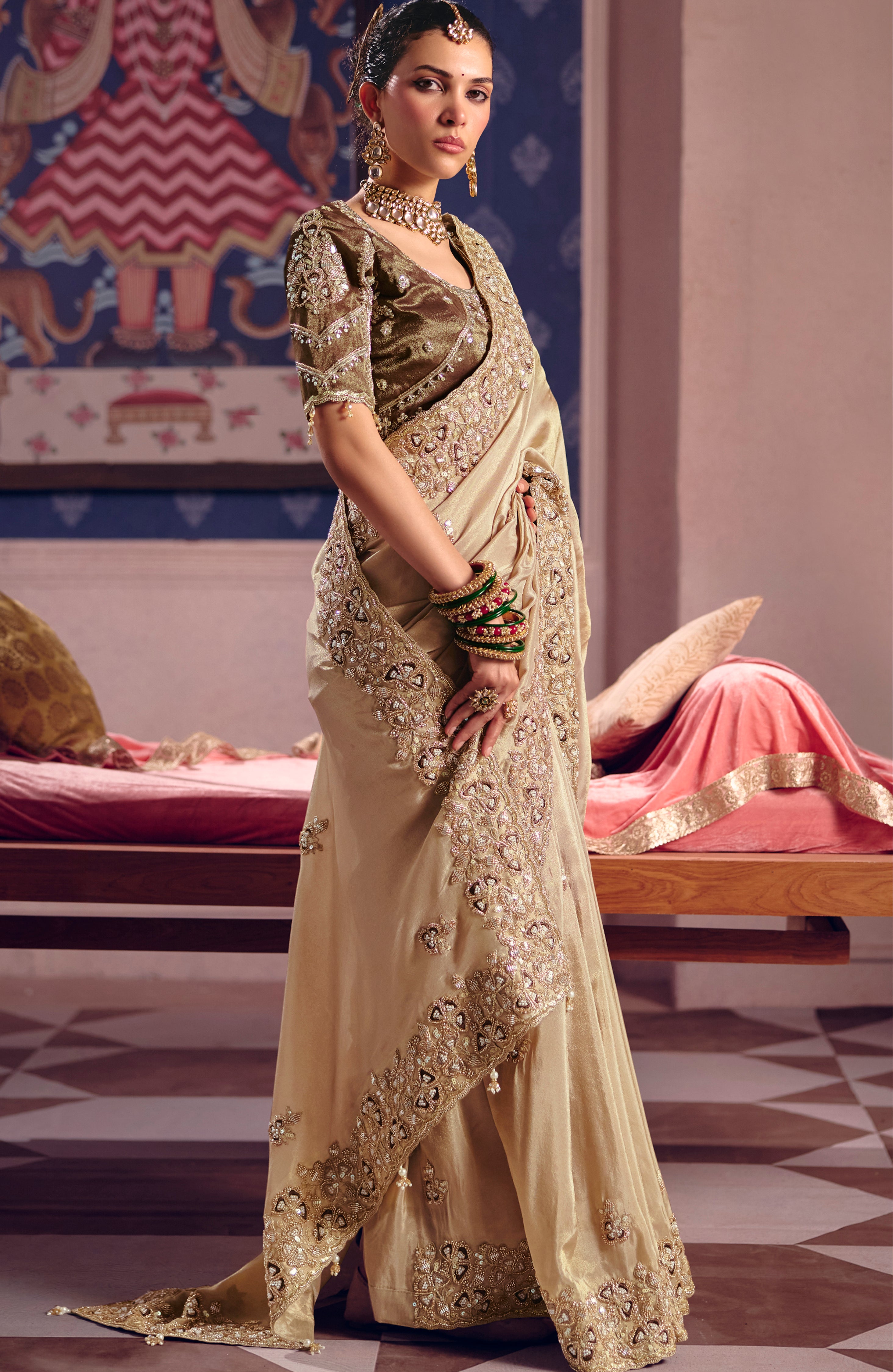 Beige Saree With  Heavy Embroidery, Beads With Sequince Work