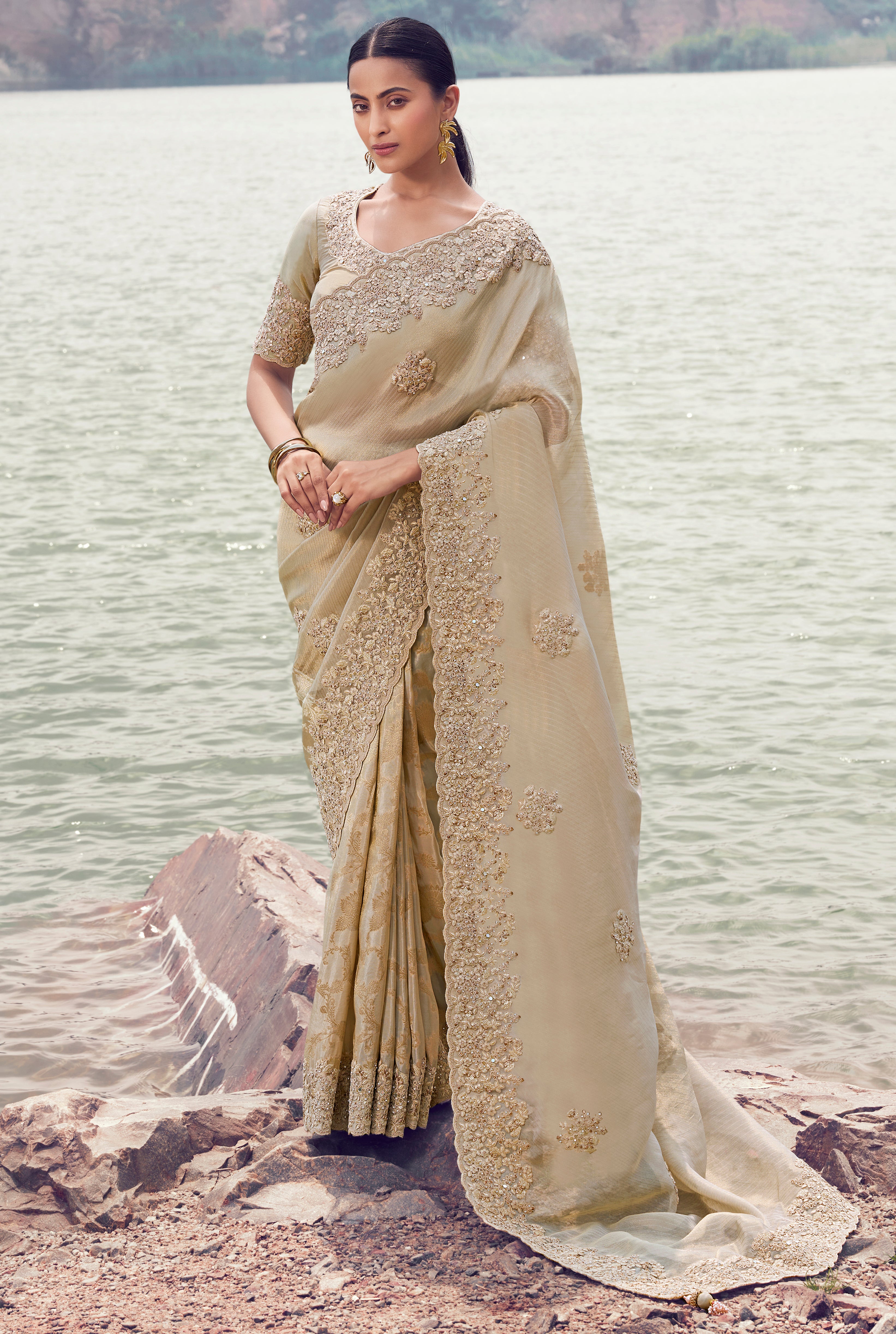 Beige Saree With  Heavy Thread Embroidered With Sequins Work
