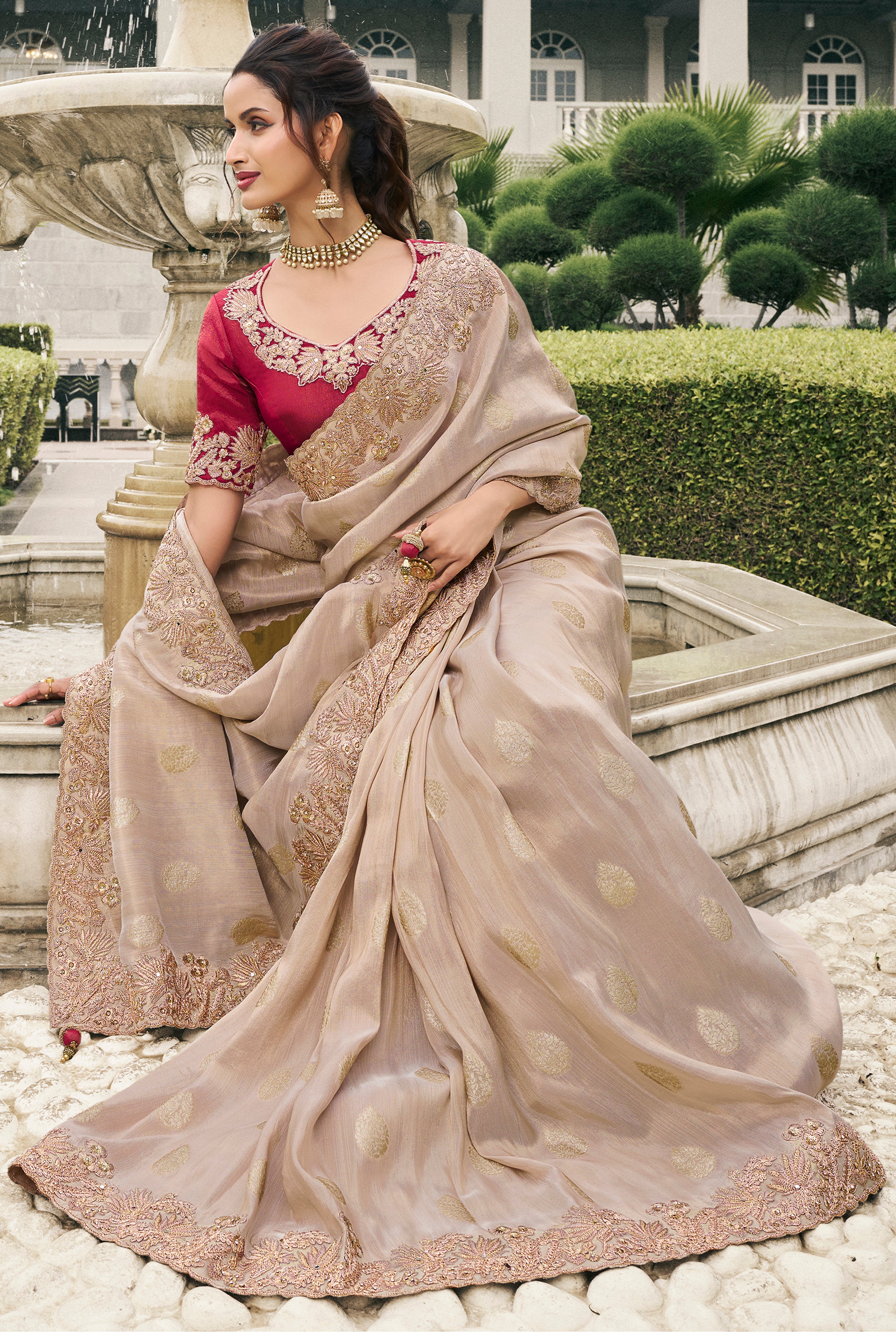 Beige Saree With  Heavy Thread Embroidery, Stone, Pearl, Real Mirror Work