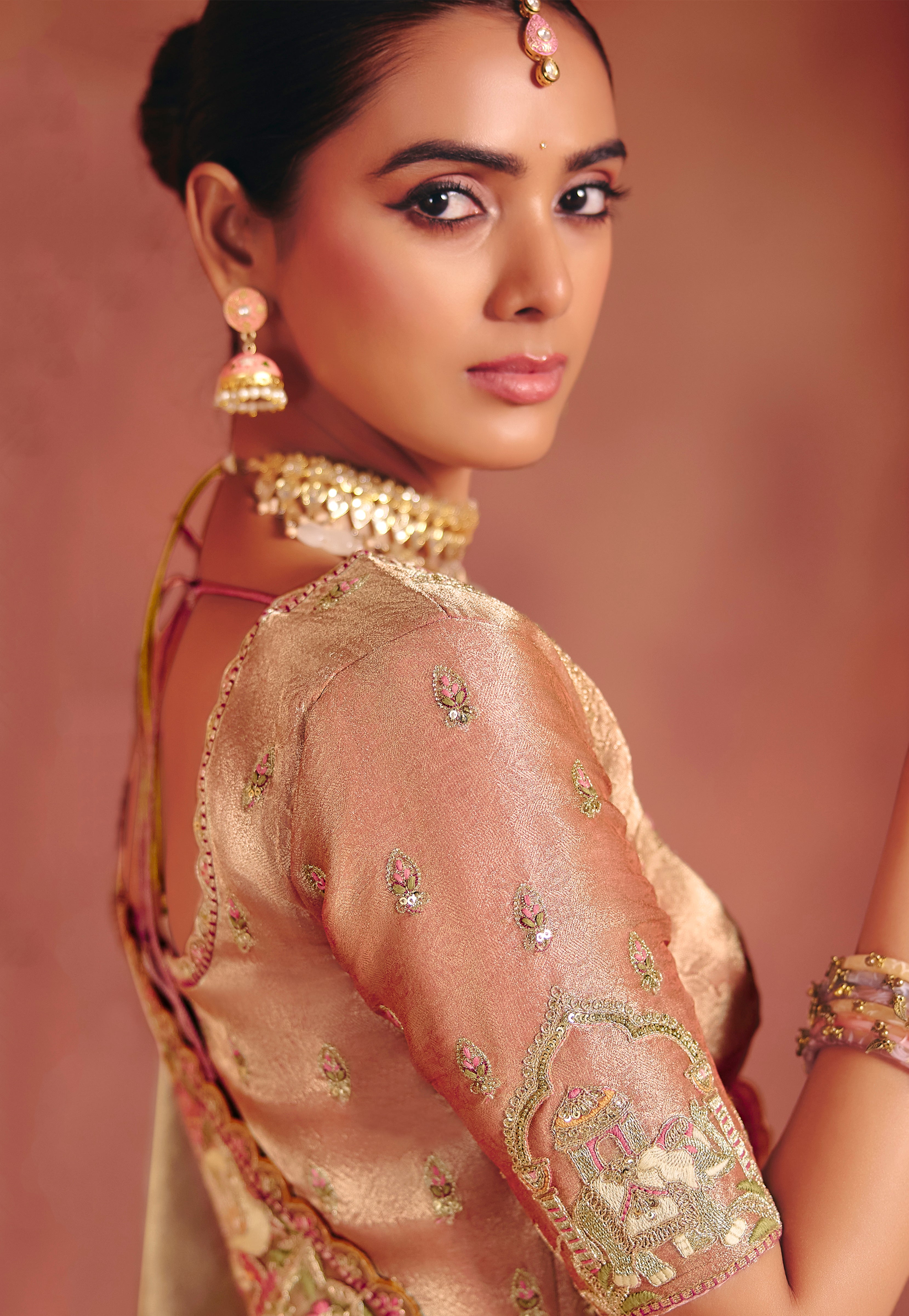 Beige Saree With  Sequin, Thread, Weaving Heavy Embroidery Work  With Heavy Embroidery Work Blouse