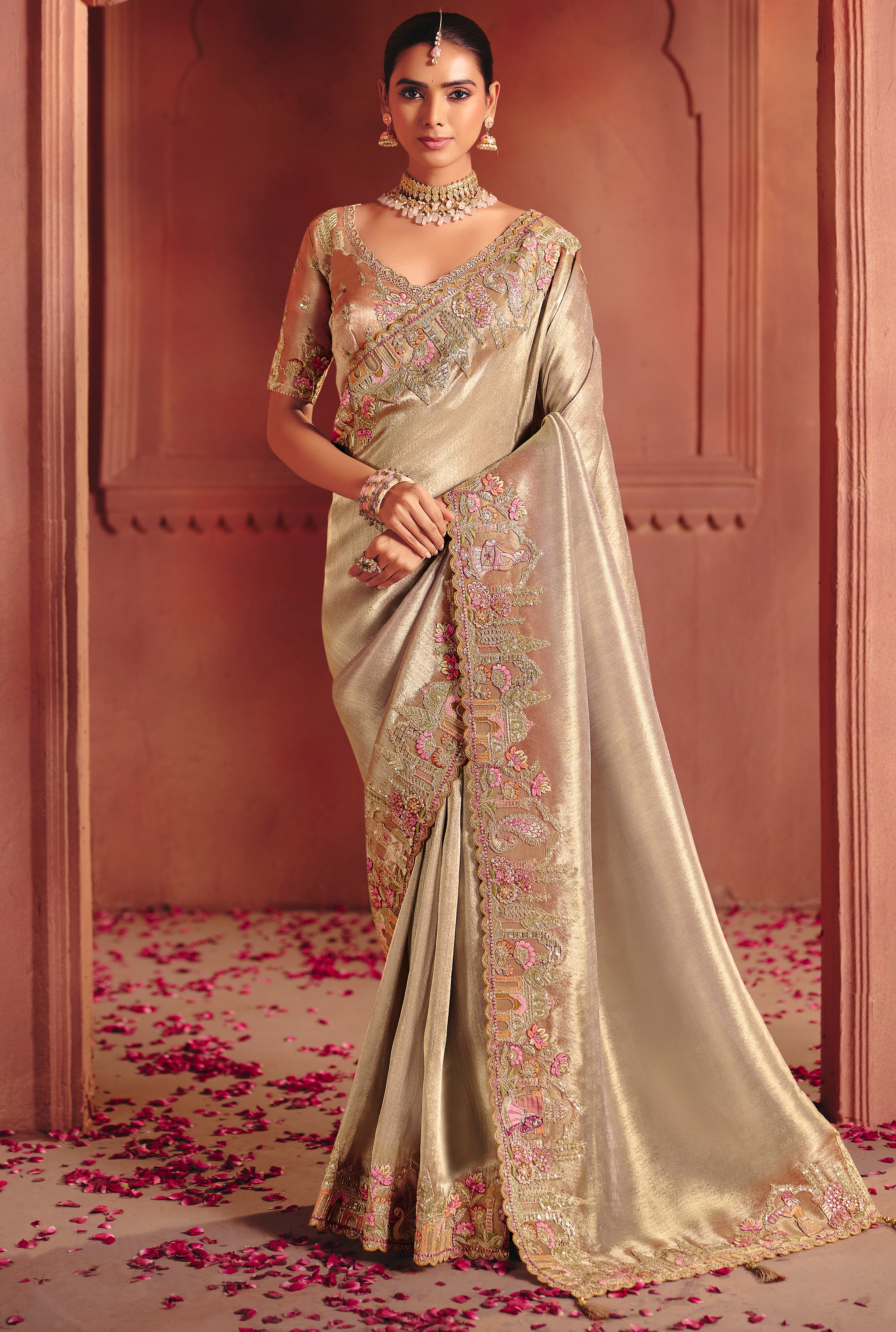Beige Saree With  Sequin, Thread, Weaving Heavy Embroidery Work  With Heavy Embroidery Work Blouse