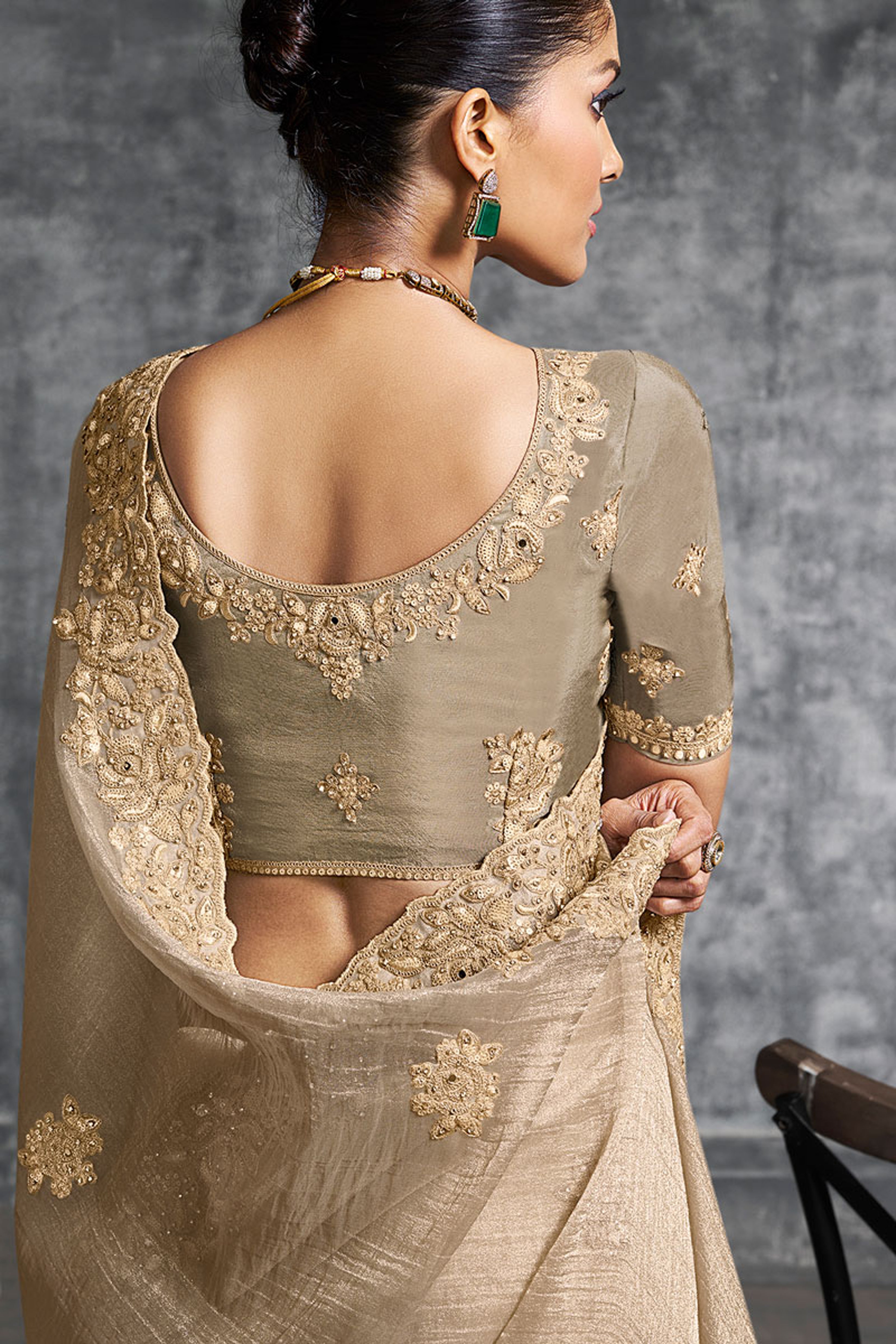 Beige Saree With  Thread Embroidery Work ,Hand-Finished Stone & Mirror work With Embroidery Blouse