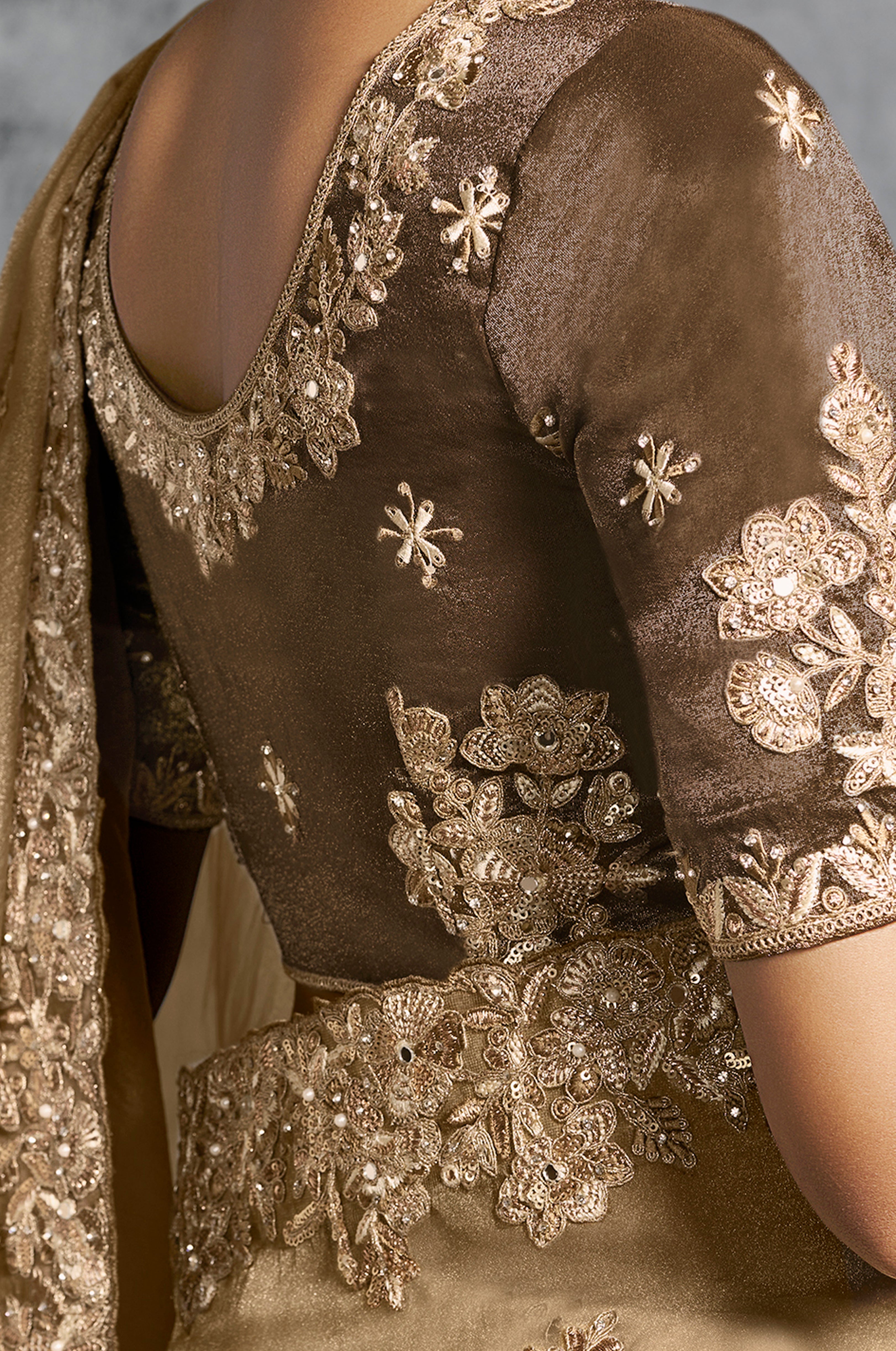 Beige Saree With  Thread Embroidery Work ,Hand-Finished Stone & Mirror work With Embroidery Blouse