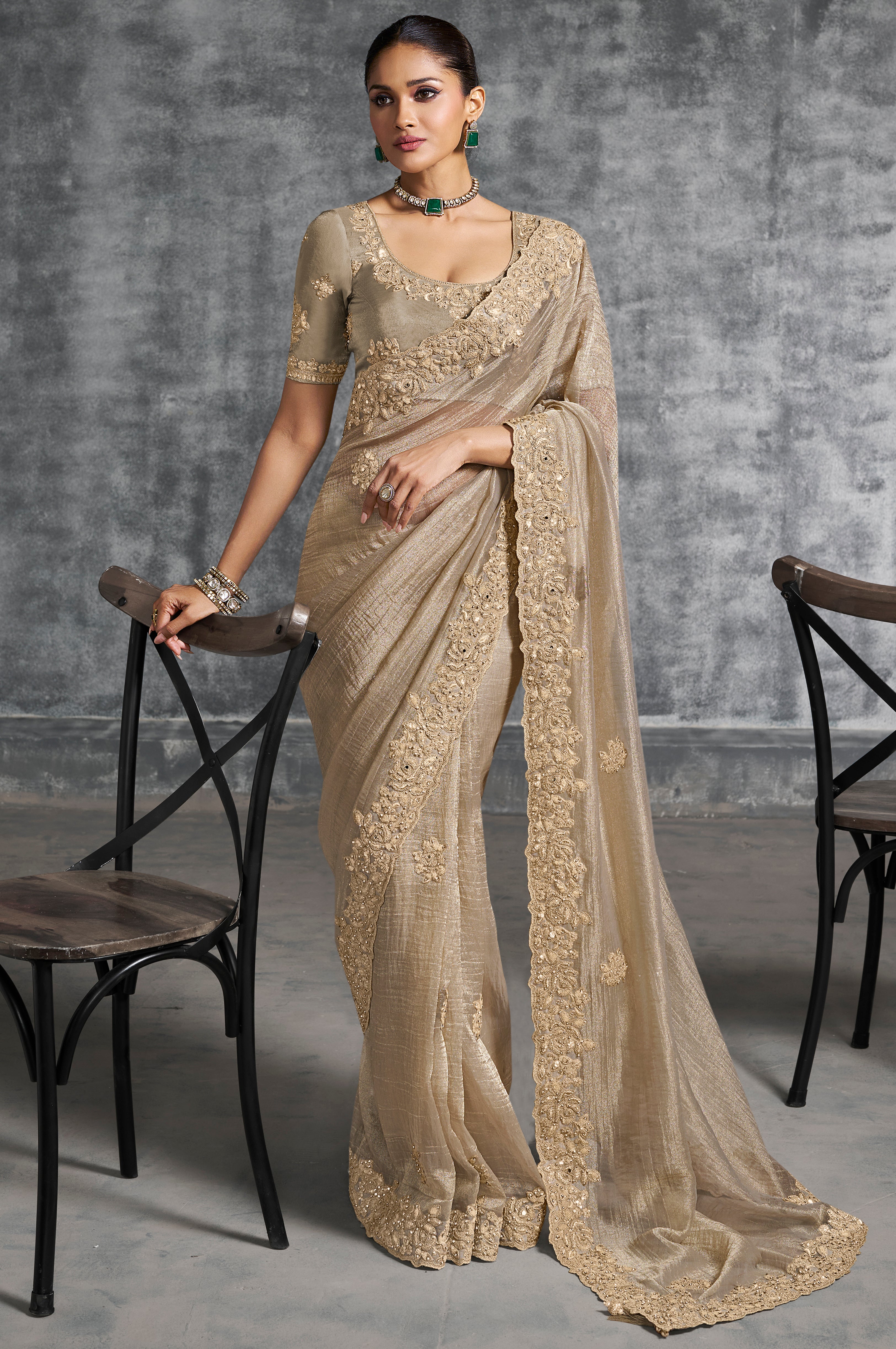 Beige Saree With  Thread Embroidery Work ,Hand-Finished Stone & Mirror work With Embroidery Blouse
