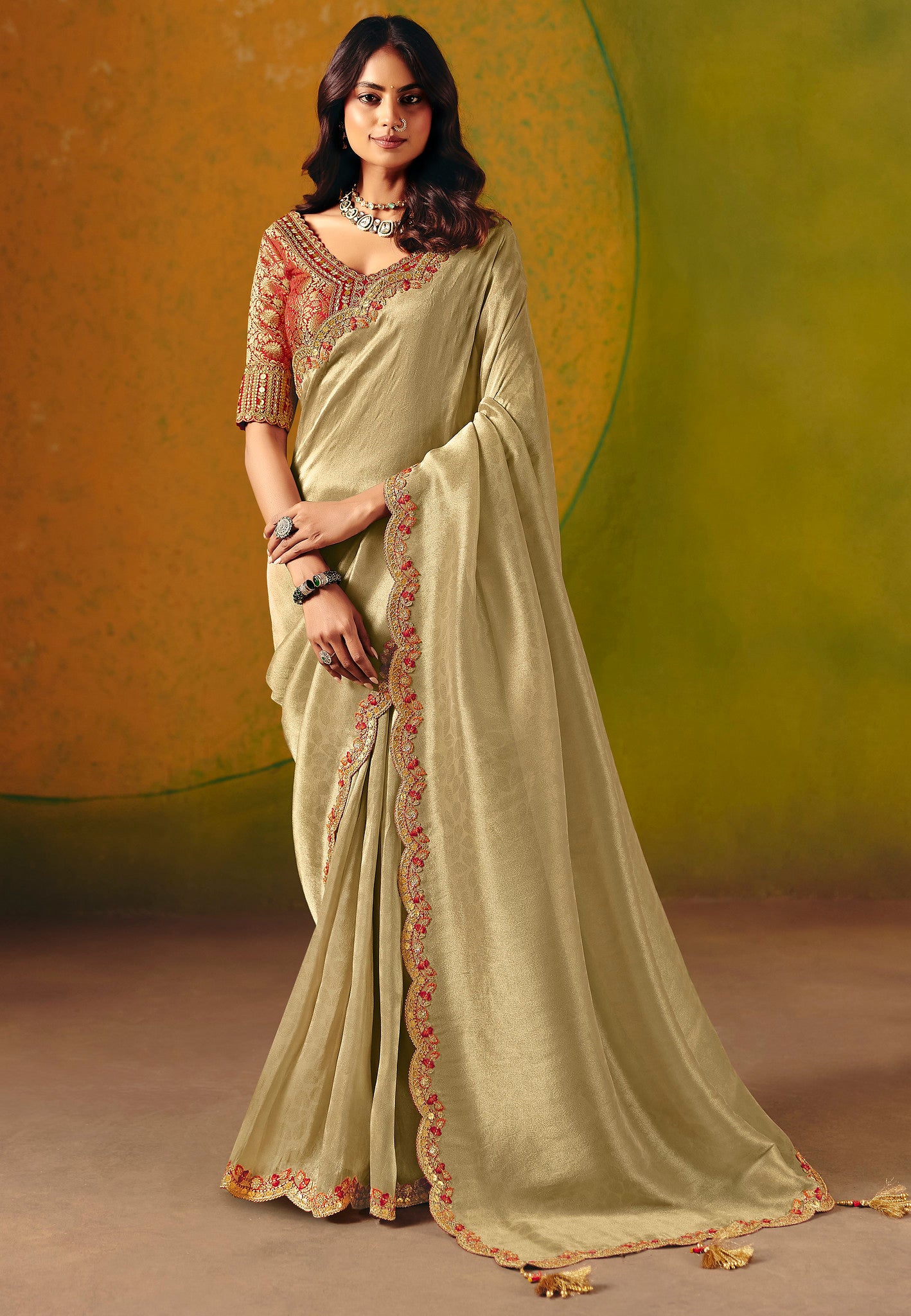 Beige Saree With  Zari Weaving With Fancy Work Border