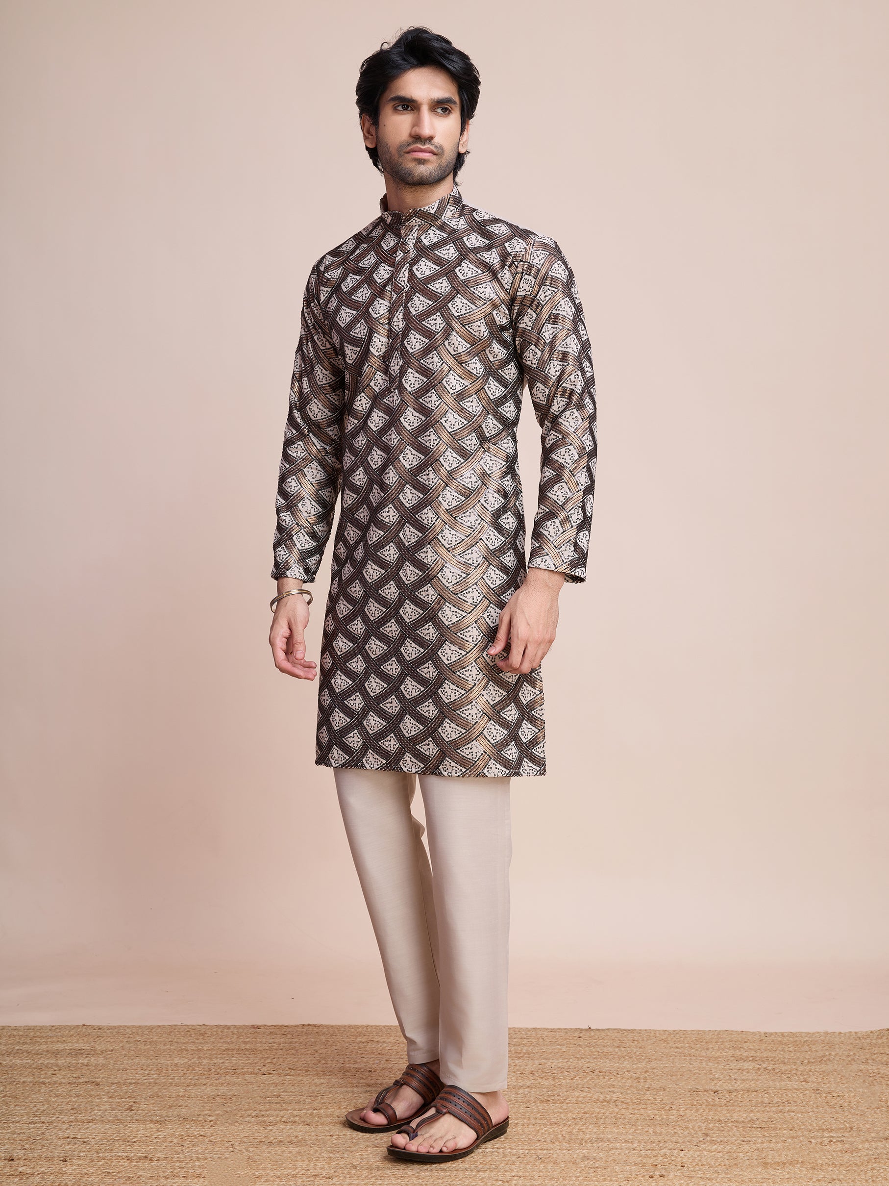 Beige Silk Heavy Embroidered Kurta – Subtle Festive Style