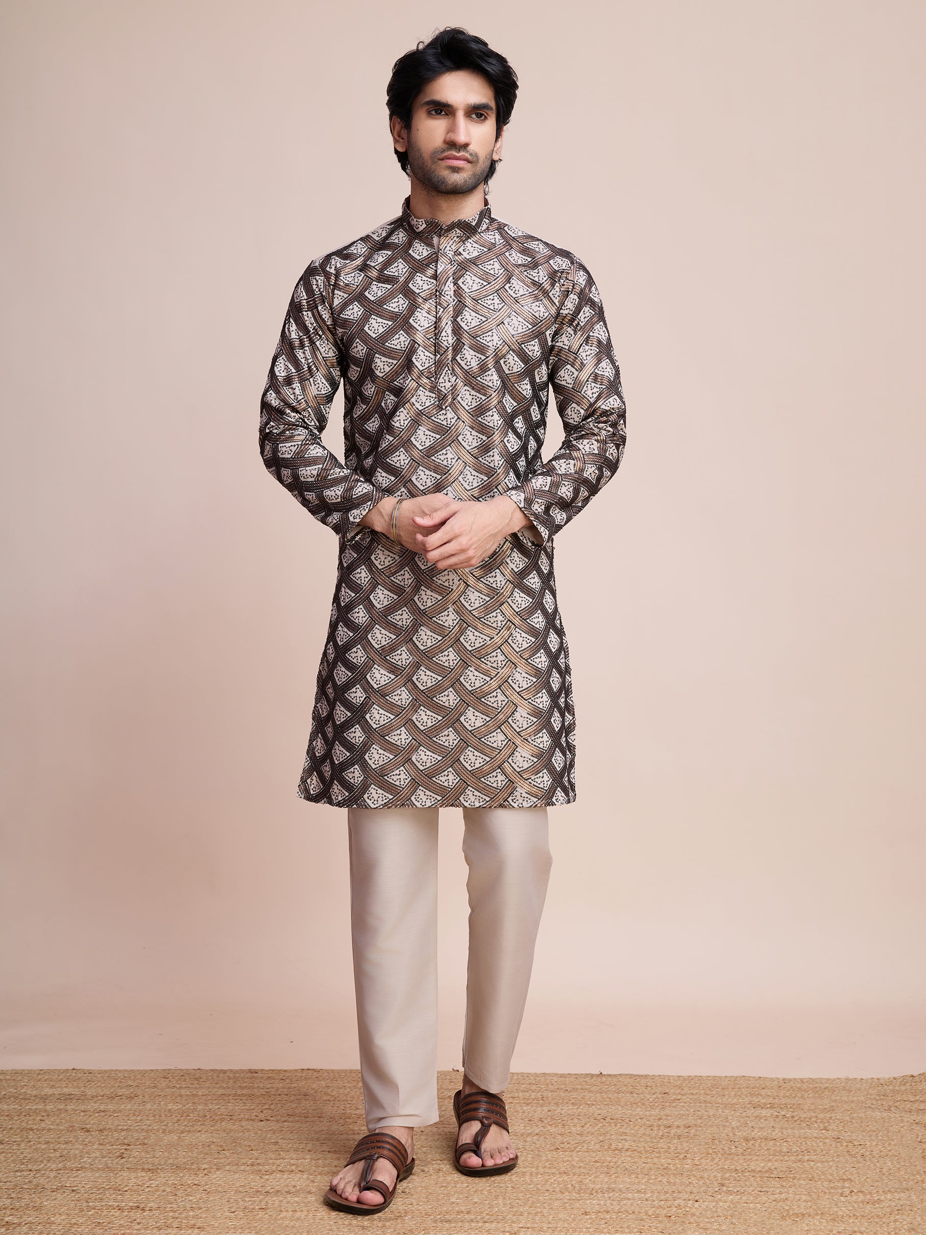 Beige Silk Heavy Embroidered Kurta – Subtle Festive Style