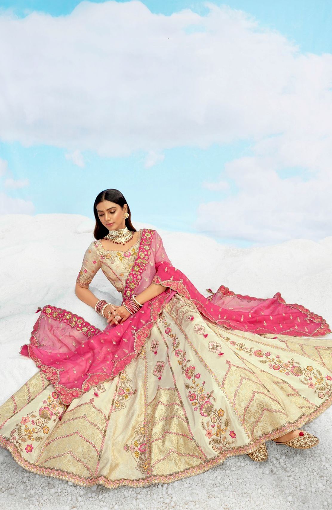 Beige  Silk Lehenga Choli With Heavy Thread Embroidery, Zari With Sequins Work