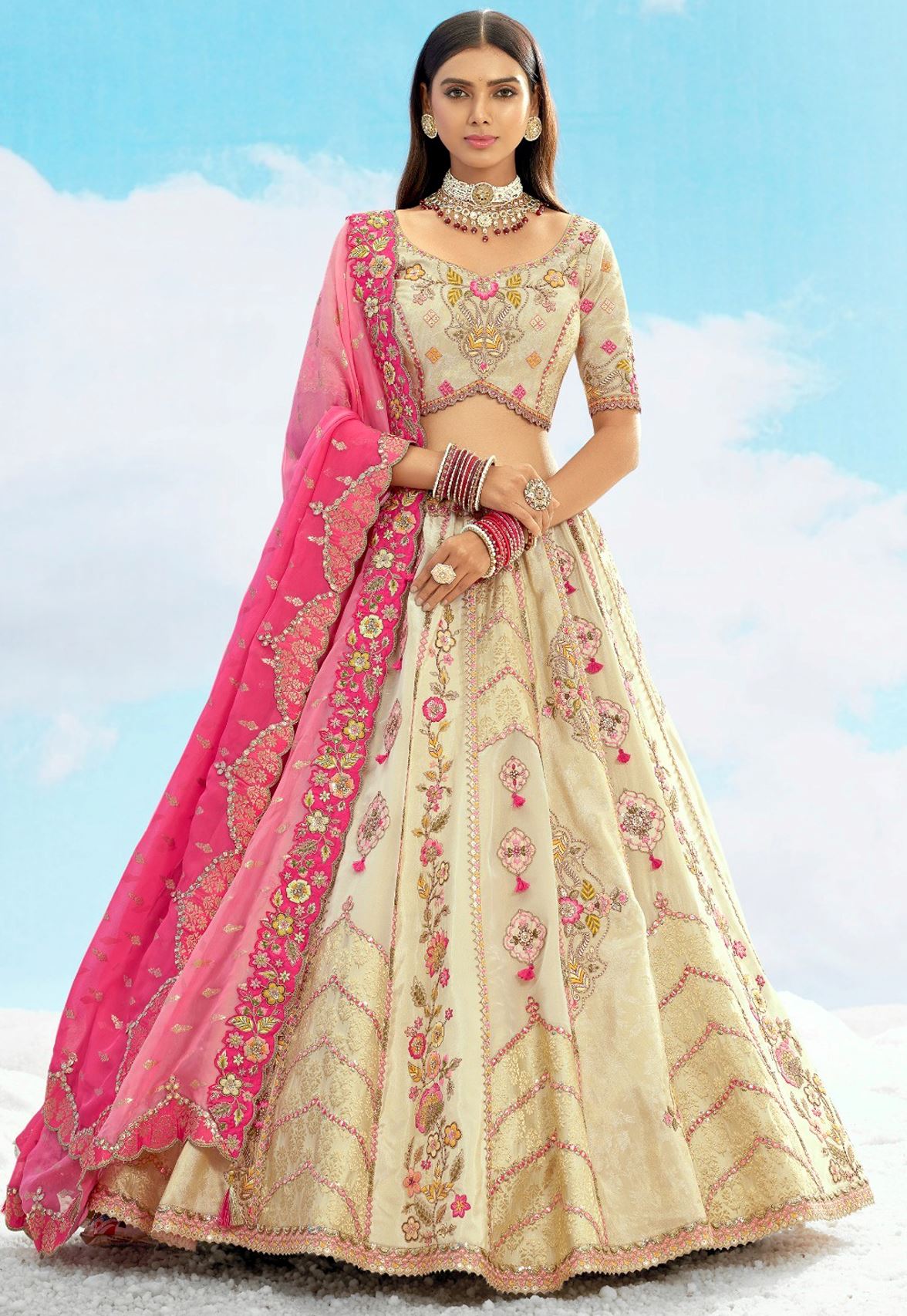 Beige  Silk Lehenga Choli With Heavy Thread Embroidery, Zari With Sequins Work