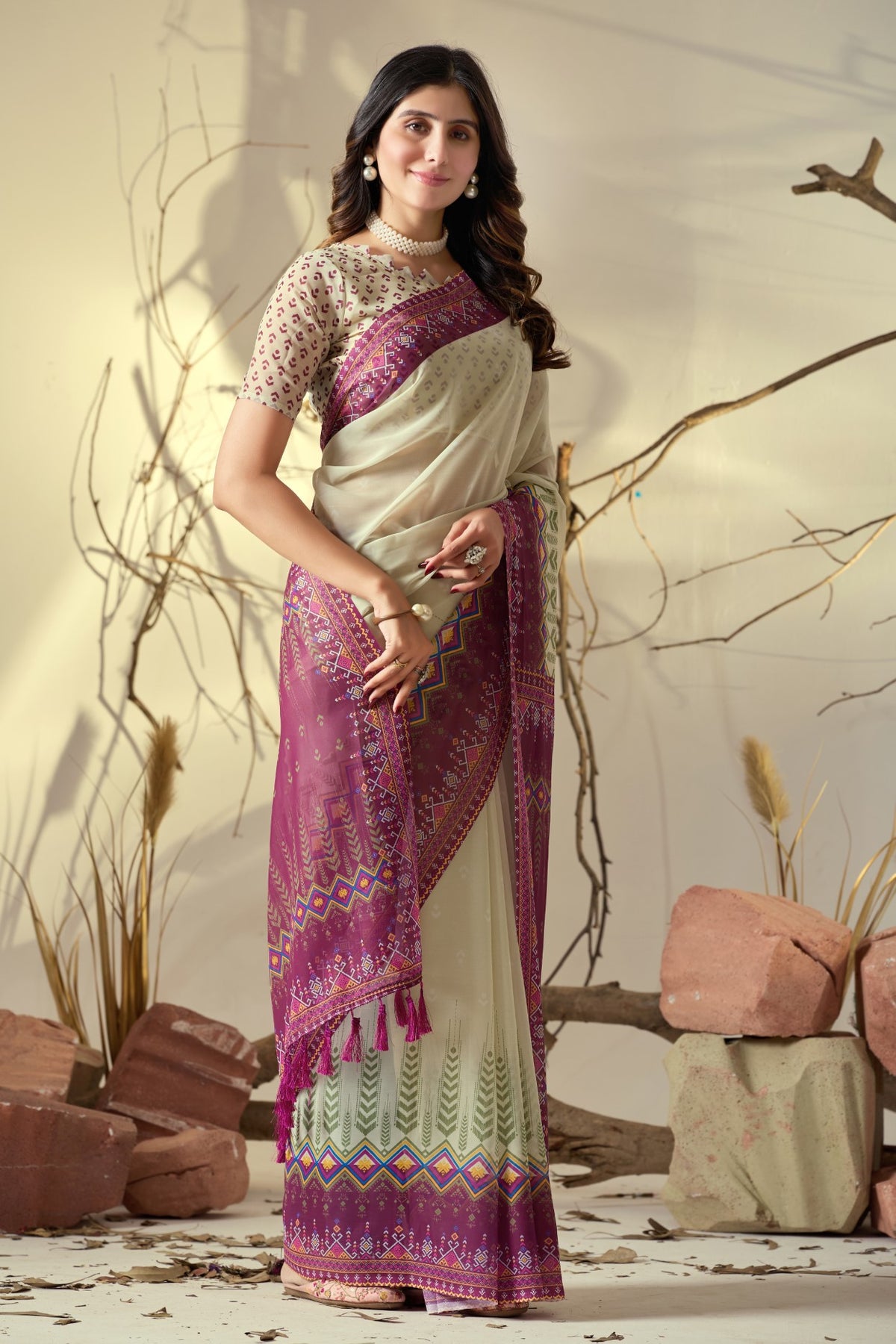 Beige Soft Georgette Saree With Digital Printed Elegant Classic Saree