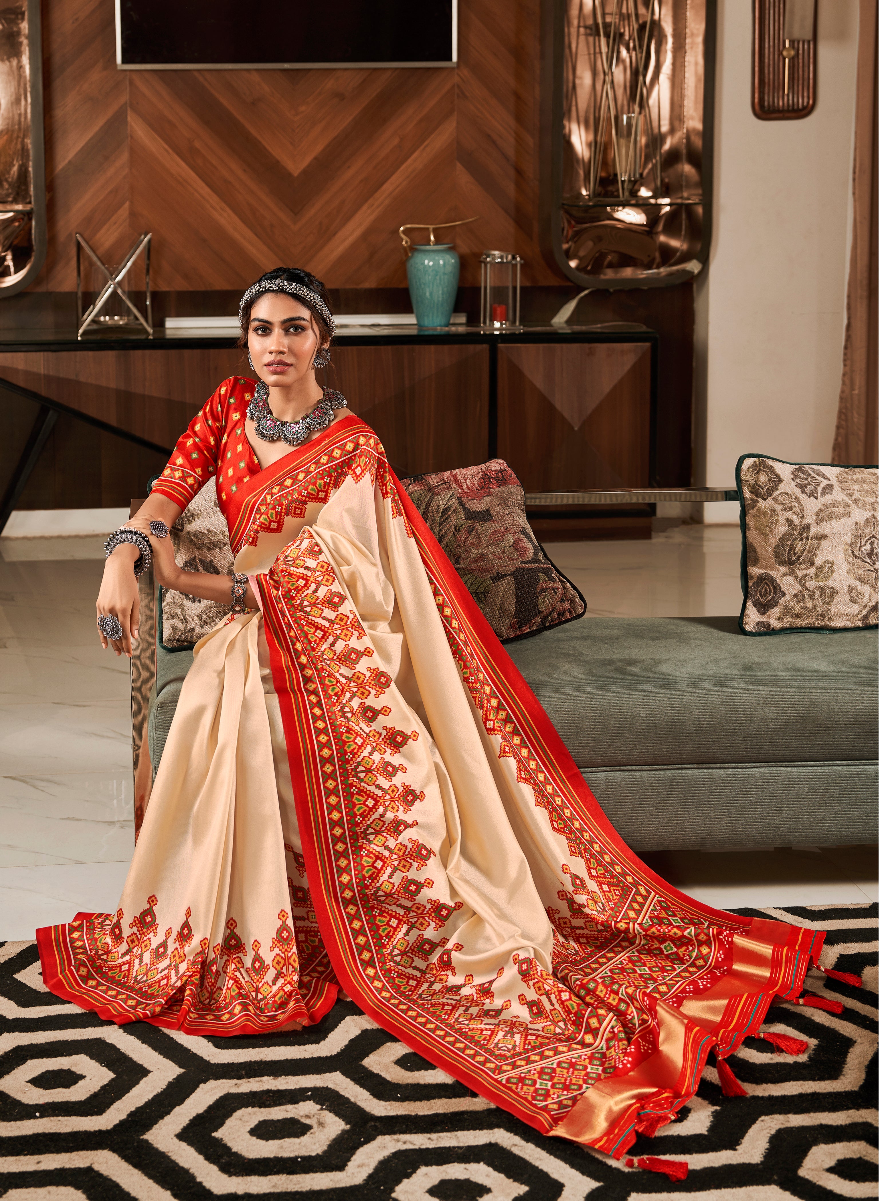 Beige Tussar Silk Saree With  Patola Digital Print with Lagadi Patta Pallu