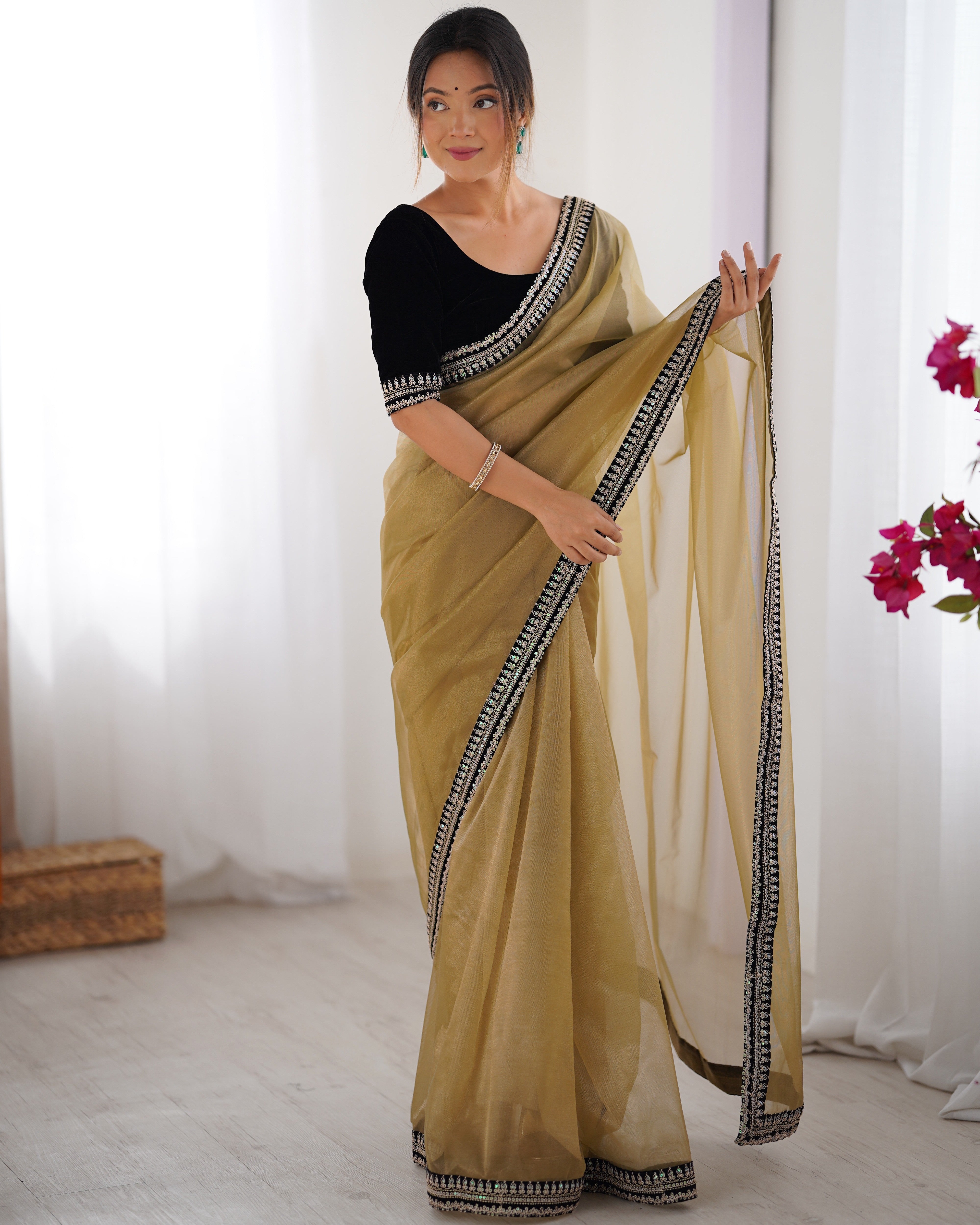 Beige Twill Net Beautiful Sophisticated Rich Girlie Saree