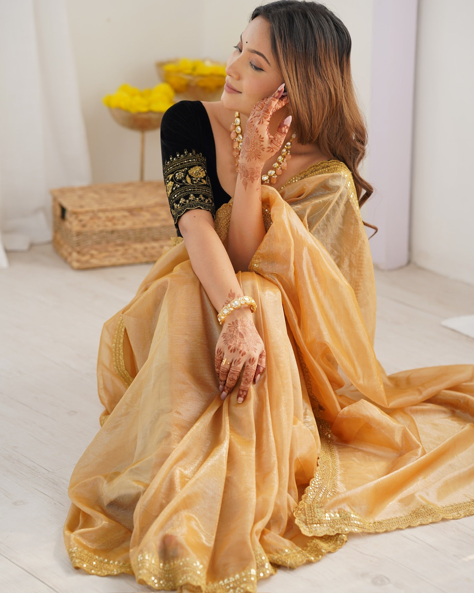 Beige Twill Net Sequance Embroidery And Gold Jari Work Bollywood Style Saree