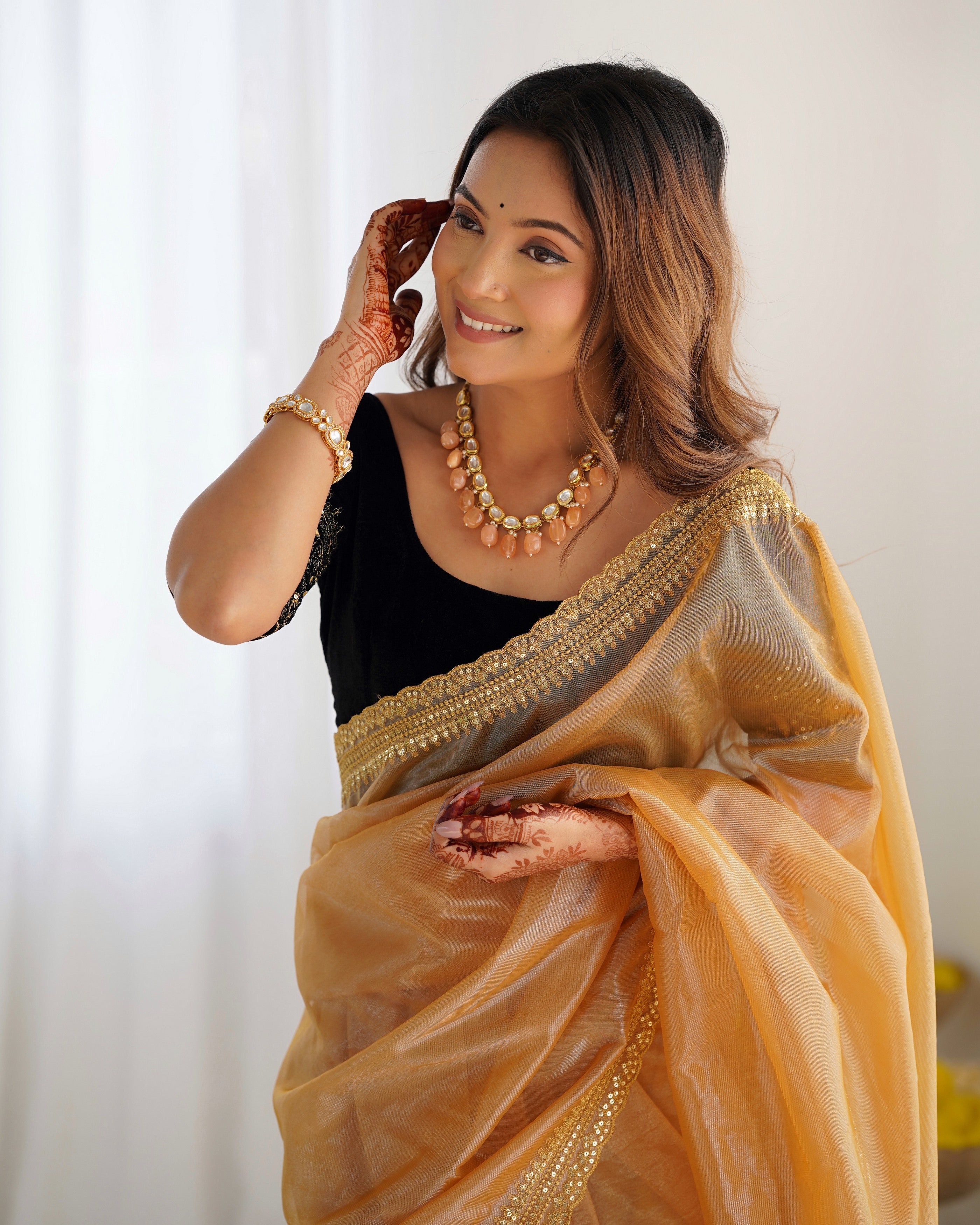 Beige Twill Net Sequance Embroidery And Gold Jari Work Bollywood Style Saree