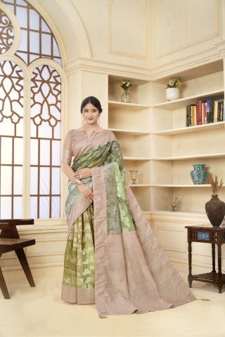 Beige Woven Jacquard Designer With Printed Rich Silk Stylish Ceremonial Saree