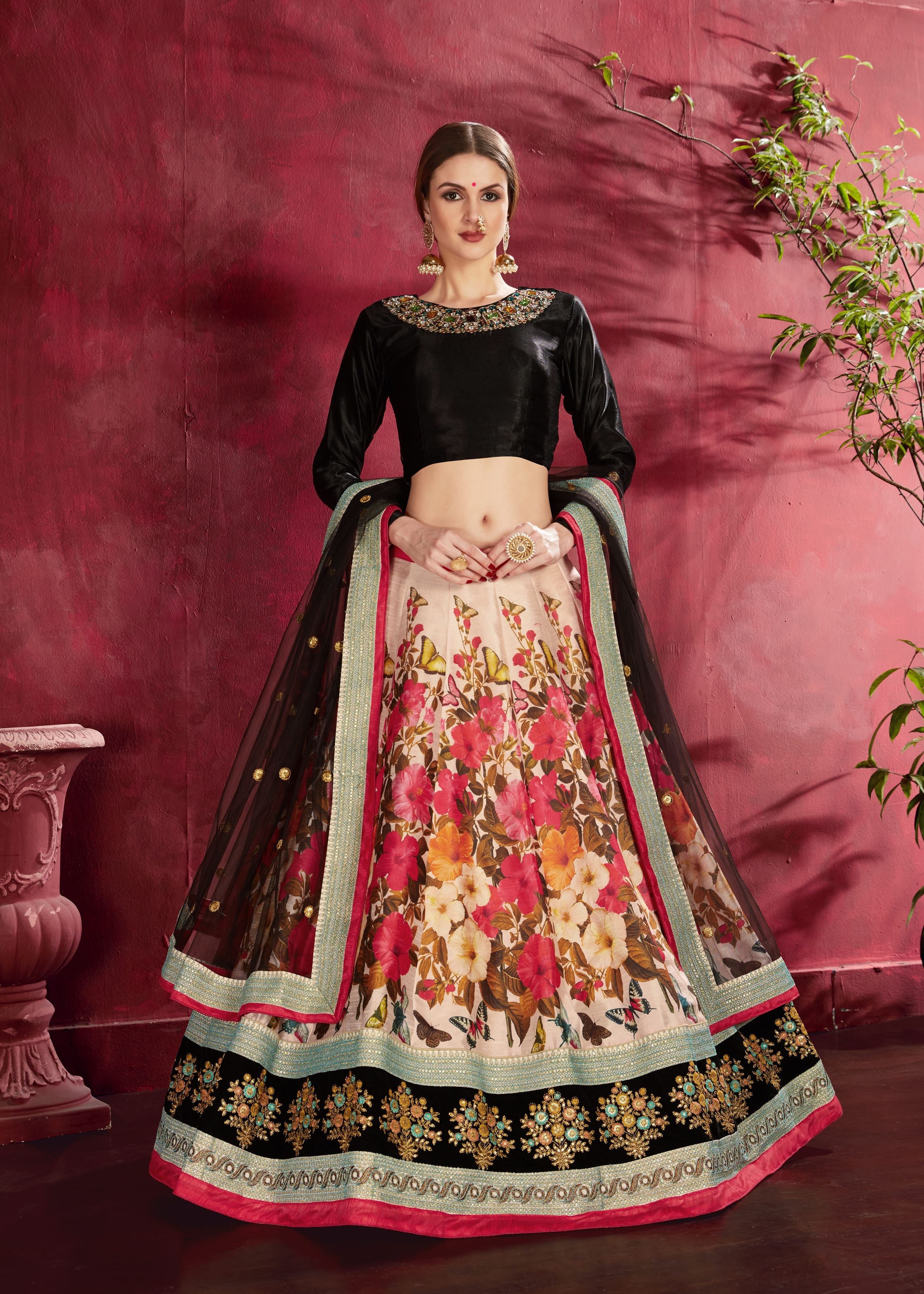 Black-Multicolor Lehenga Choli With Floral Print, Dori, Zari And Sequins Embroidery | Diamond Work Neckline Blouse