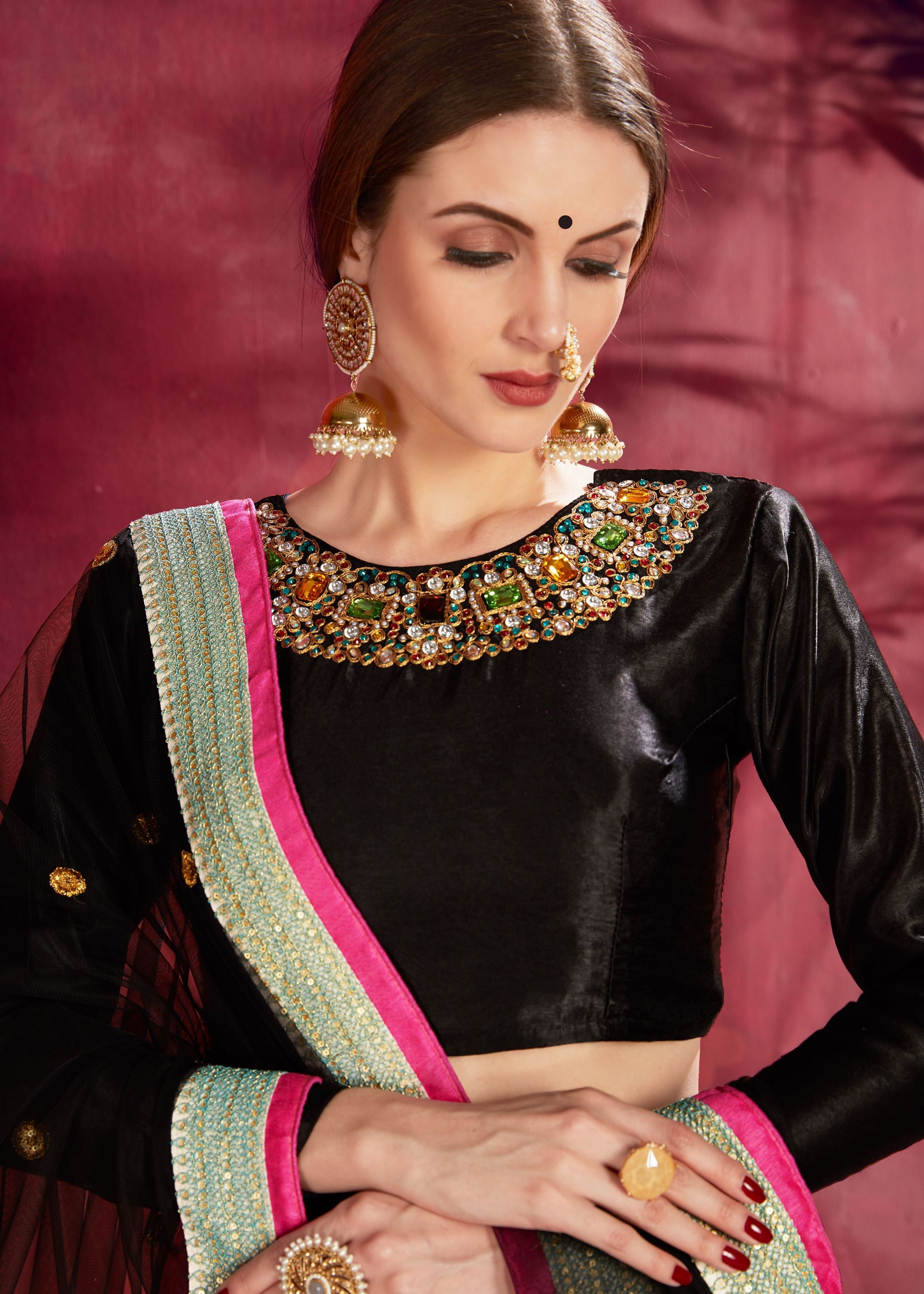 Black-Multicolor Lehenga Choli With Floral Print, Dori, Zari And Sequins Embroidery | Diamond Work Neckline Blouse