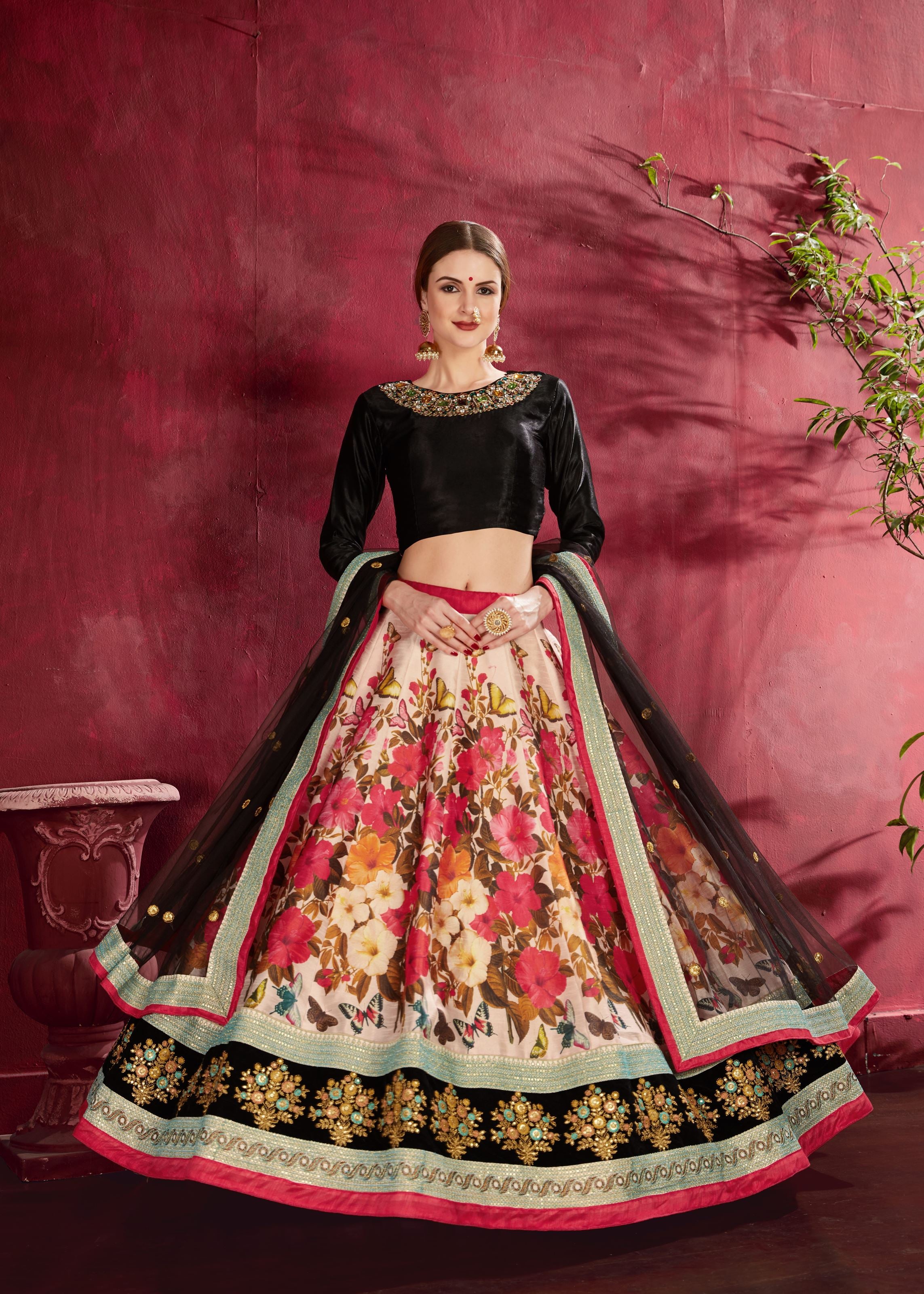 Black-Multicolor Lehenga Choli With Floral Print, Dori, Zari And Sequins Embroidery | Diamond Work Neckline Blouse